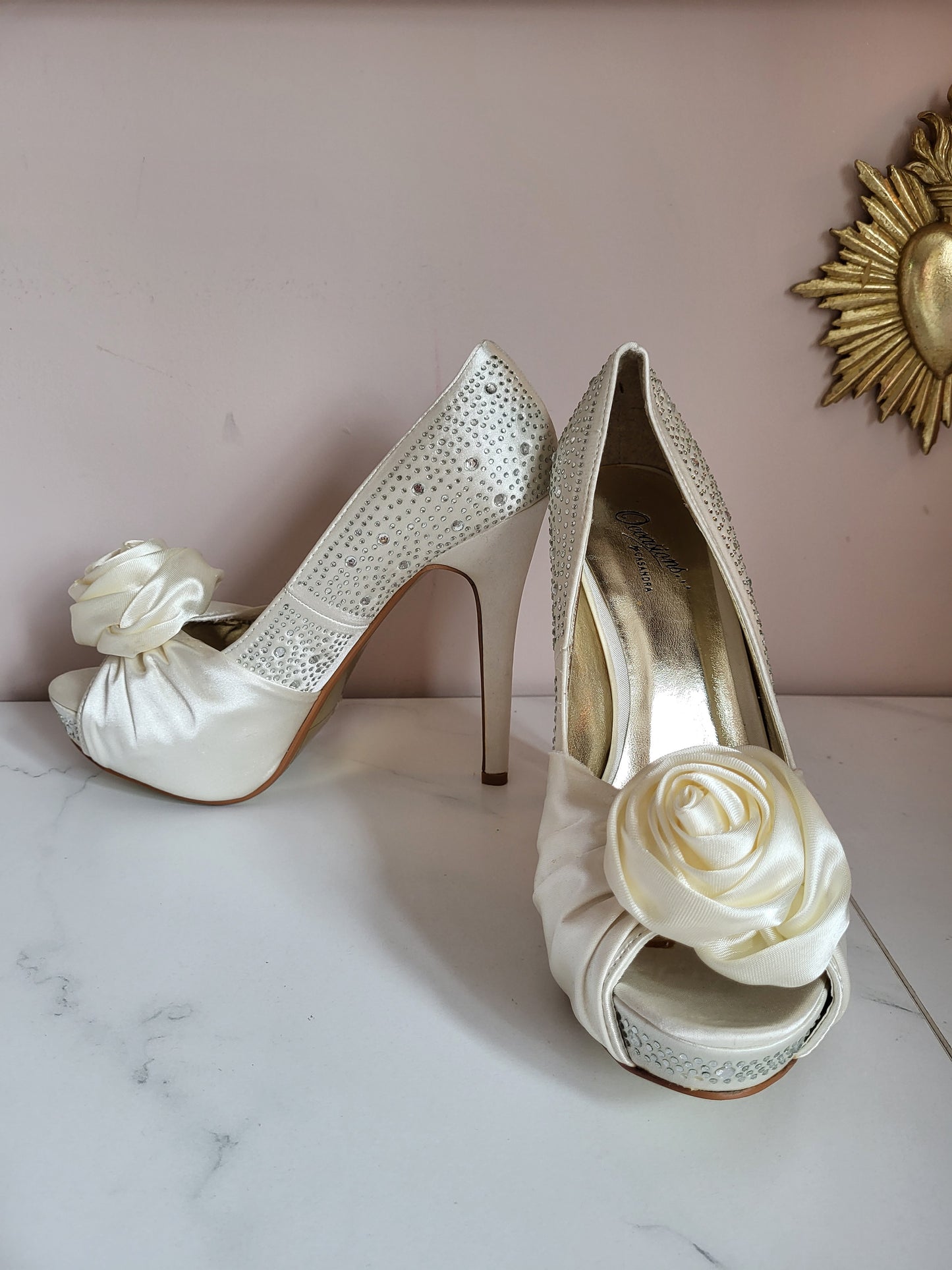 Cream Diamante Rose Detail Court Heels