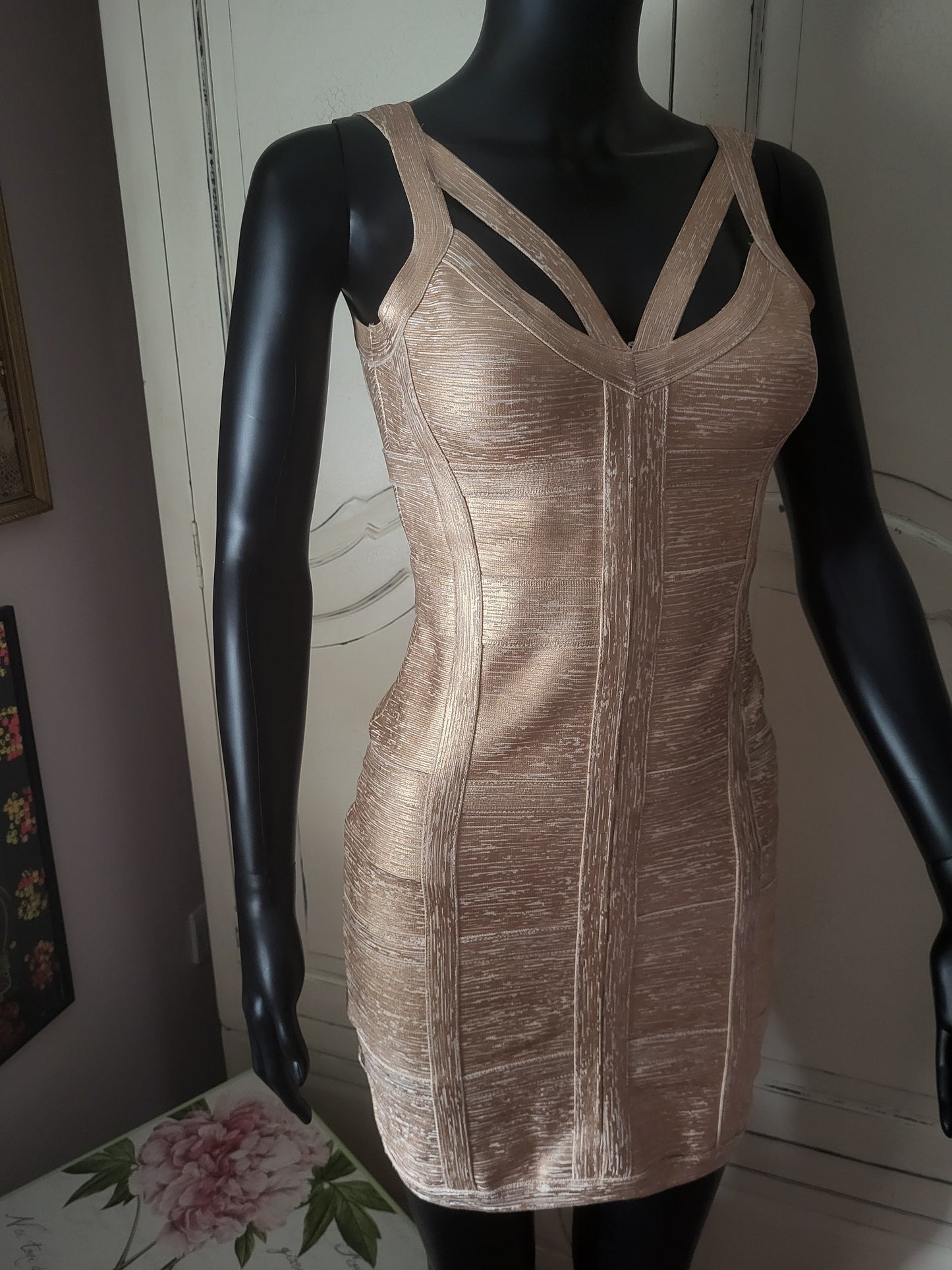 Molten Gold Bodycon Bandage Dress in the style of Hervé Léger