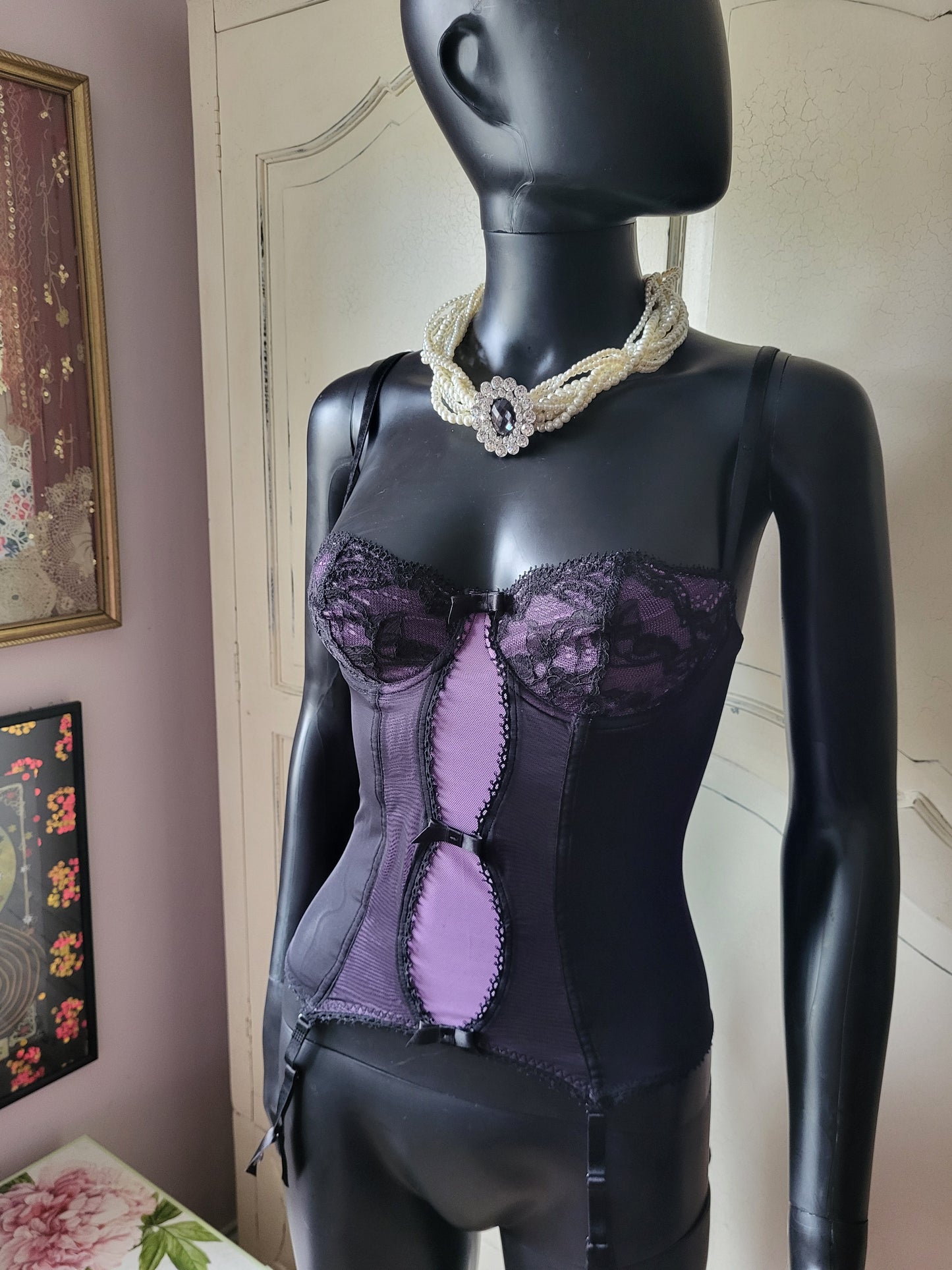 Vintage Aubade Lilac and Black Lace Basque