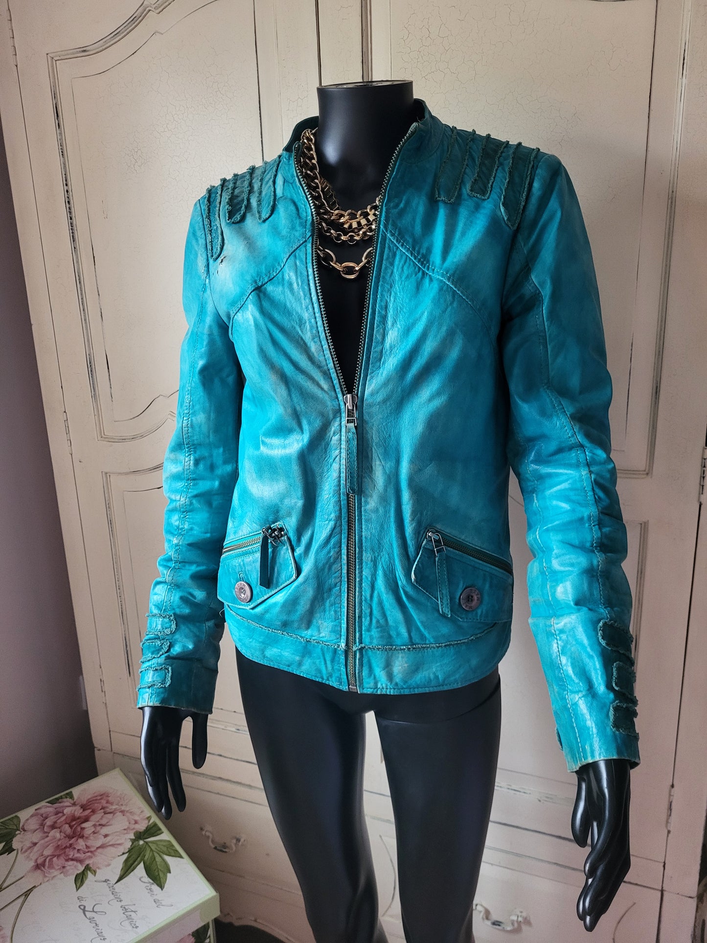 Vintage Maje Turquoise Distressed Leather Jacket