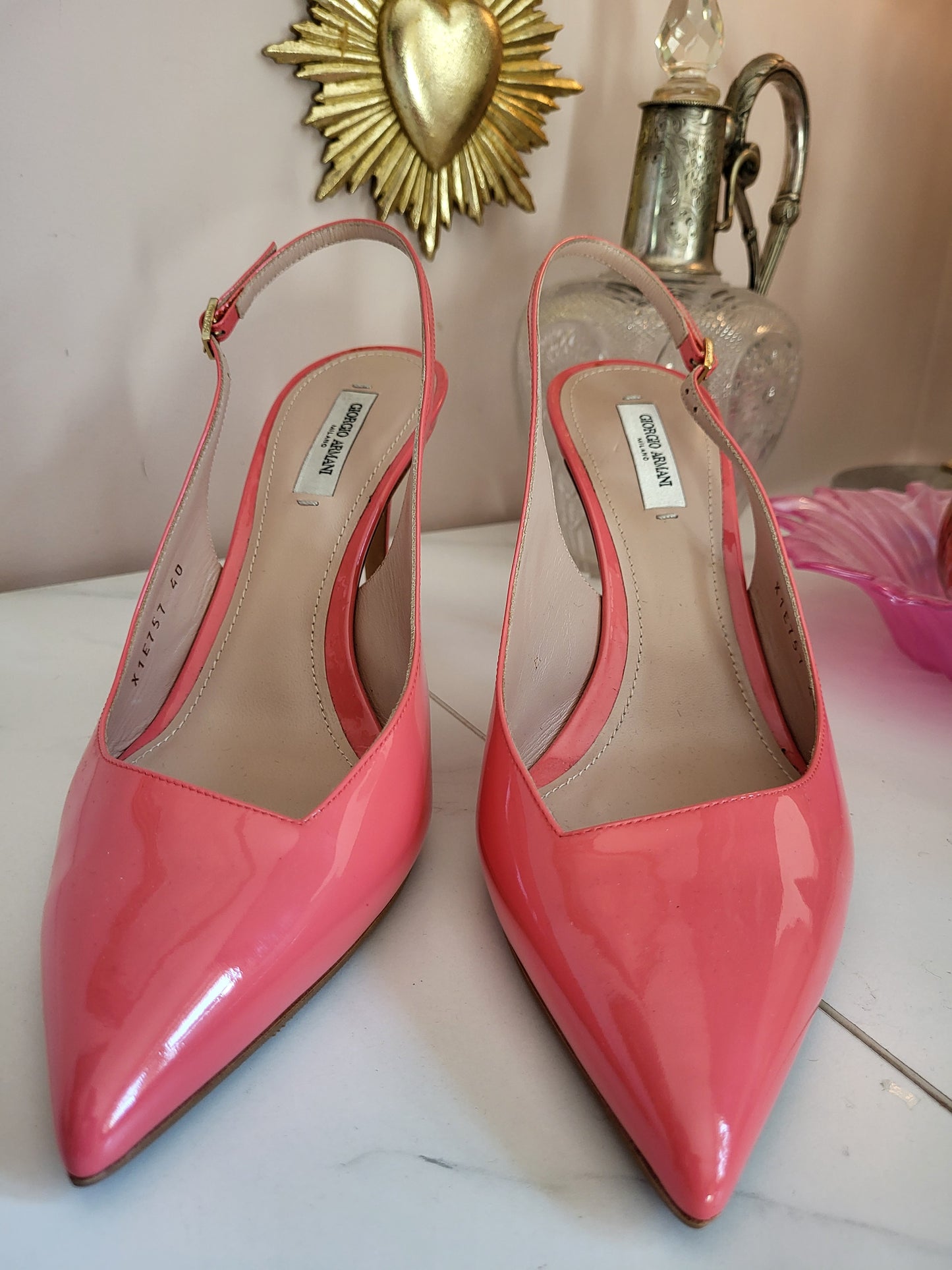Giorgio Armani Patent Coral Slingback Heels