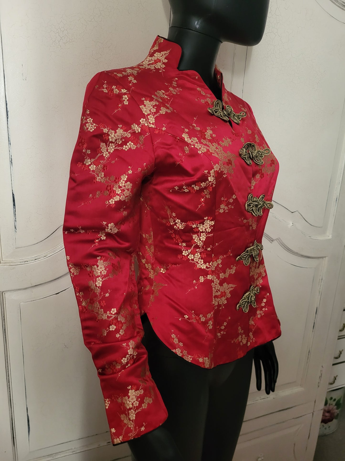 Tailor Lau Silk Red Floral Jacquard Jacket with Gold Brocade fastenings