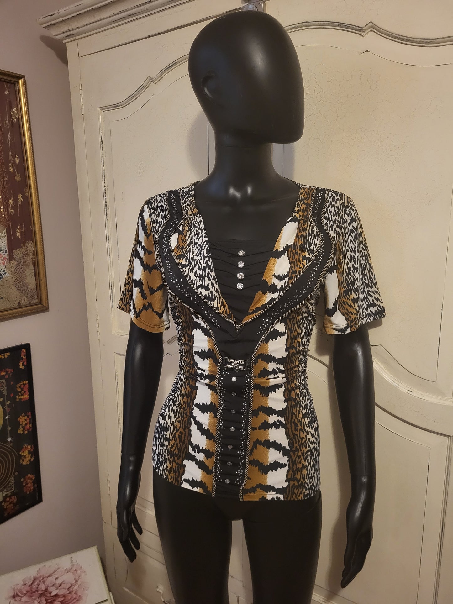 Aleny Animal Print & Stud Detail Stretch Top