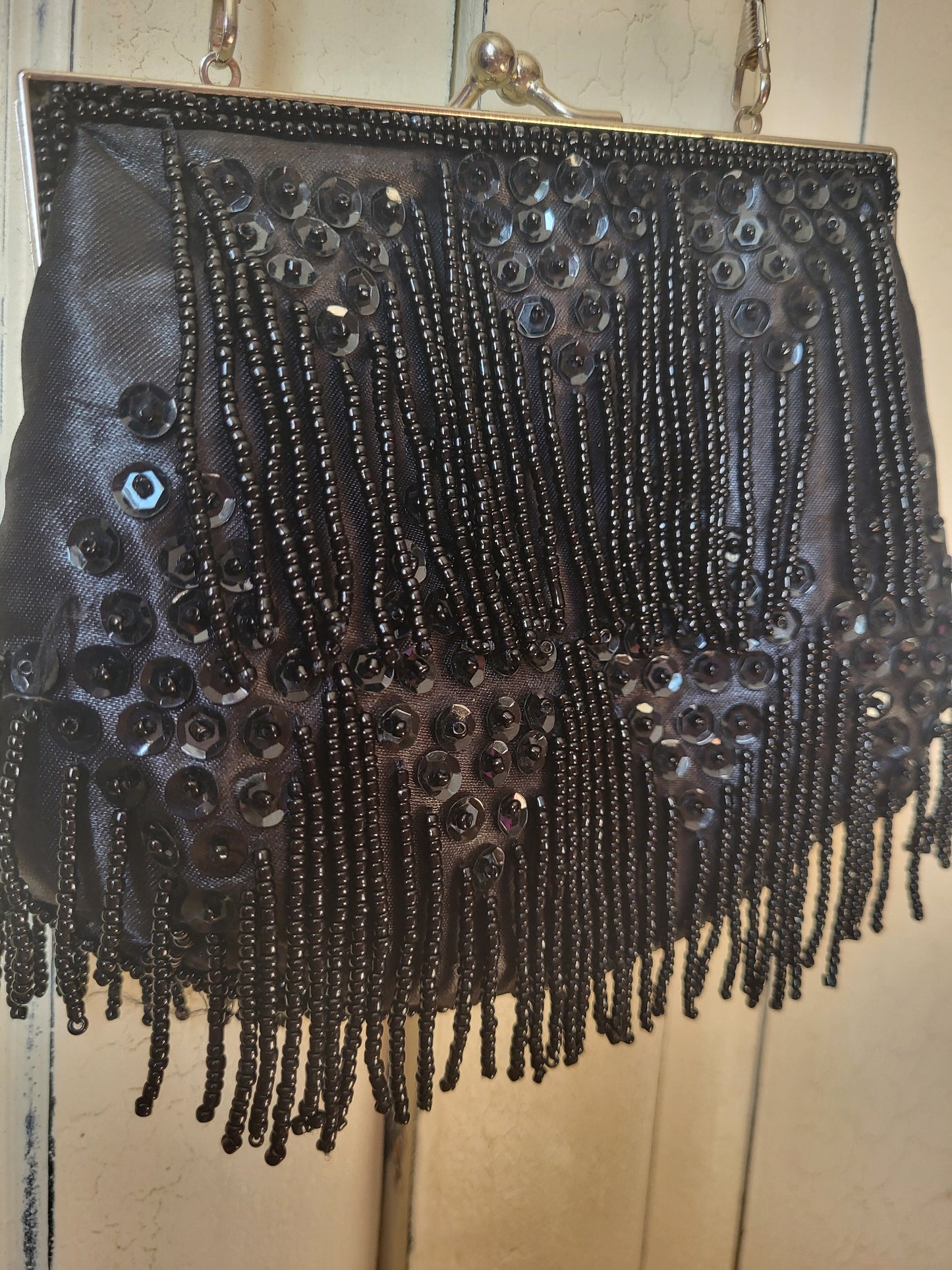 Black Beaded & Sequin Evening Bag - Chain Strap