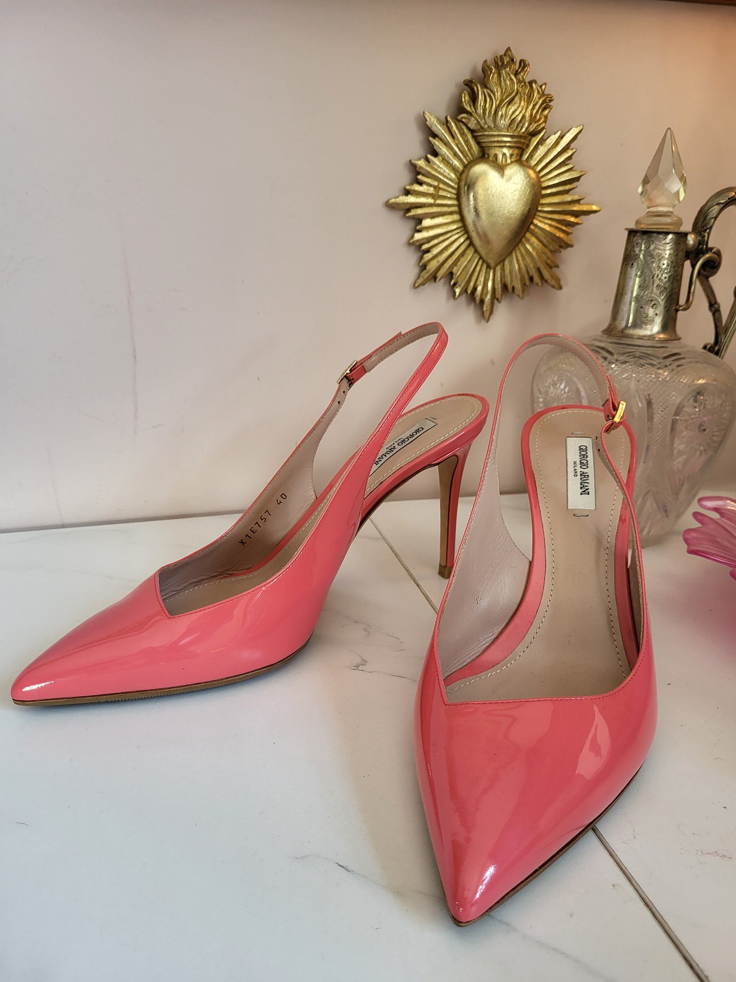 Giorgio Armani Patent Coral Slingback Heels