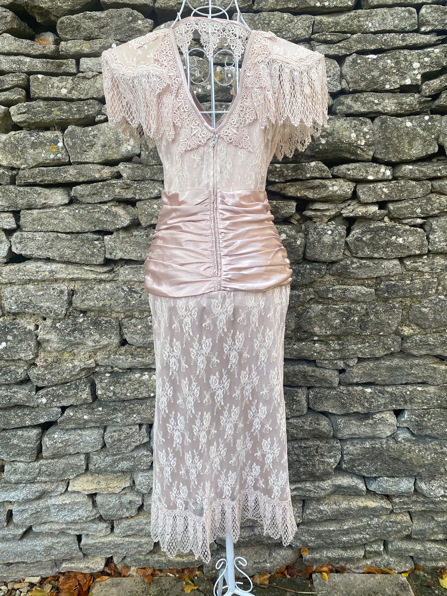 Rare Vintage 1980s Blush Lace Evening Dress