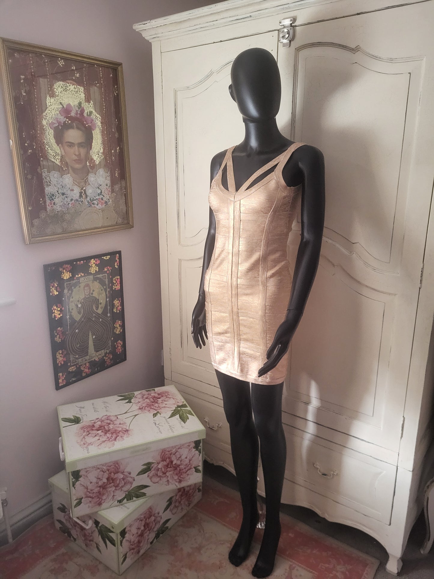 Molten Gold Bodycon Bandage Dress in the style of Hervé Léger