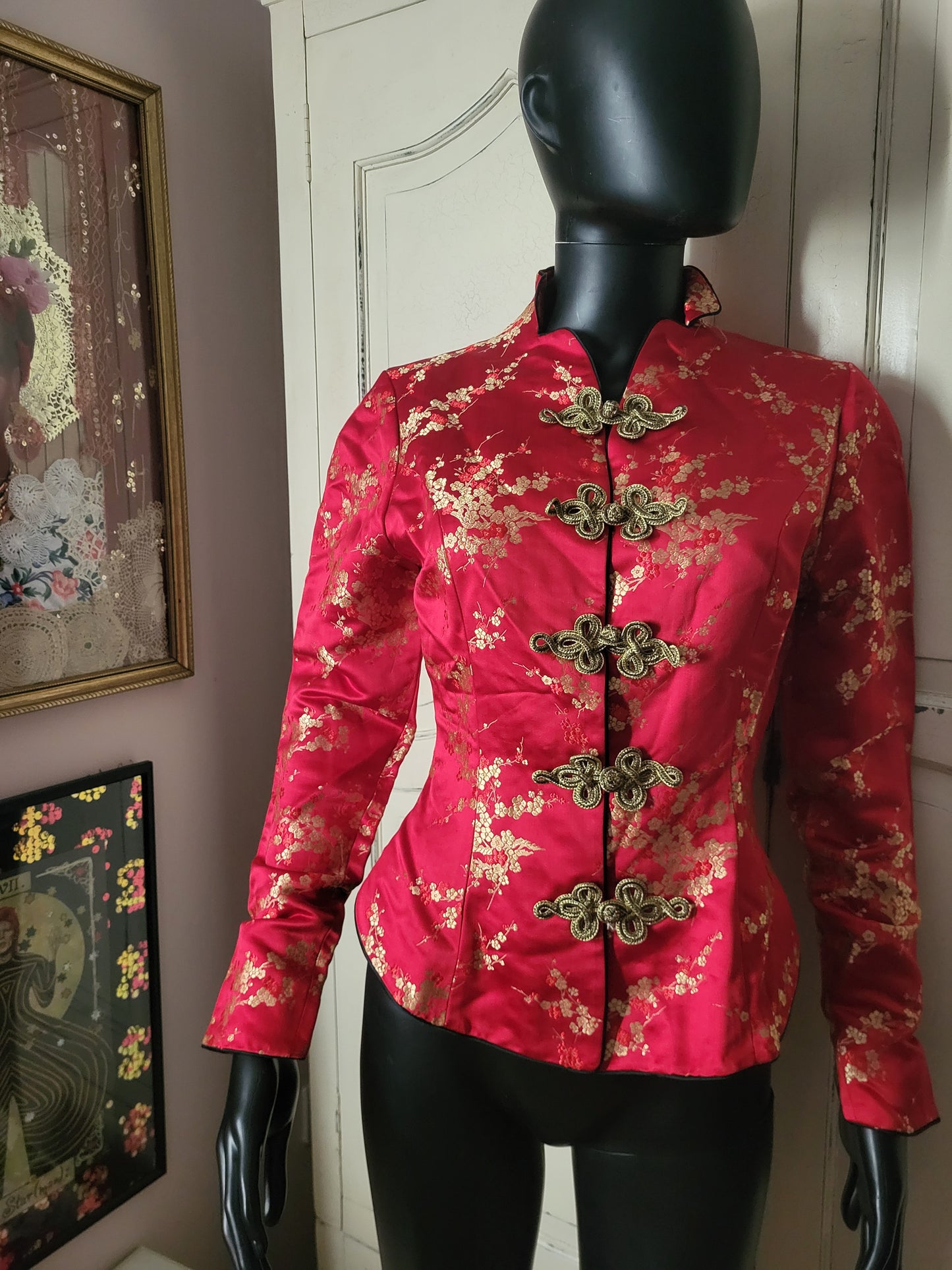 Tailor Lau Silk Red Floral Jacquard Jacket with Gold Brocade fastenings