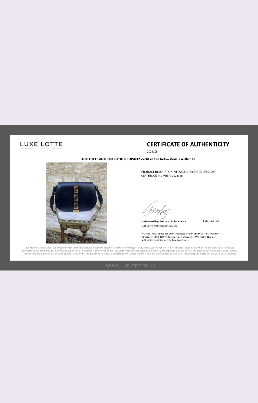 Luxe Lotte certificate of authenticity for Versace Greca Goddess black leather crossbody bag, brand new with tags.