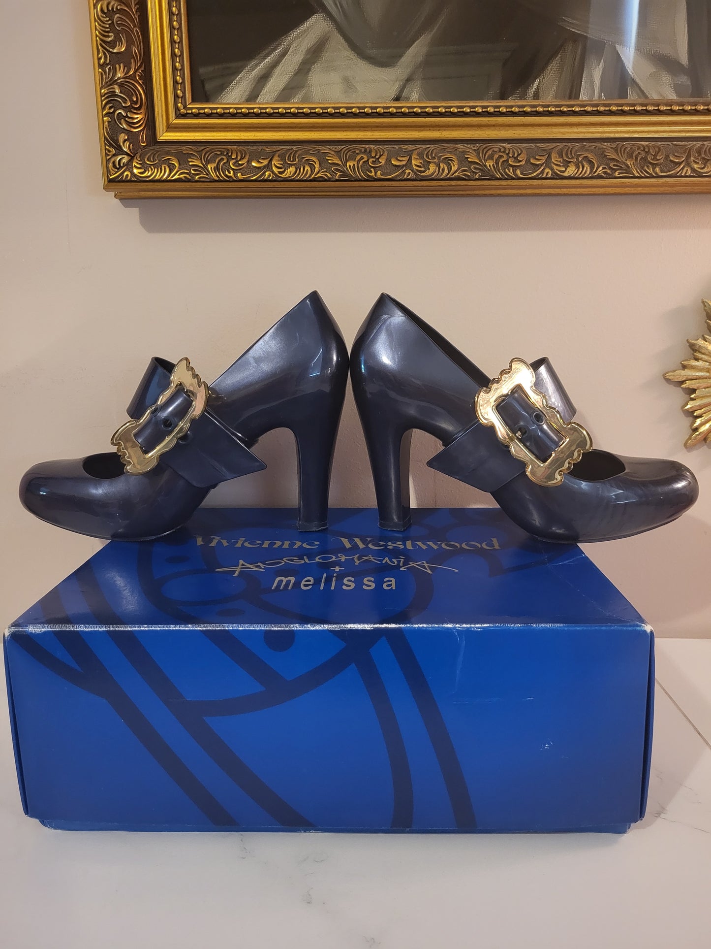 Vivienne Westwood x Melissa Navy Blue & Gold Buckle Heels
