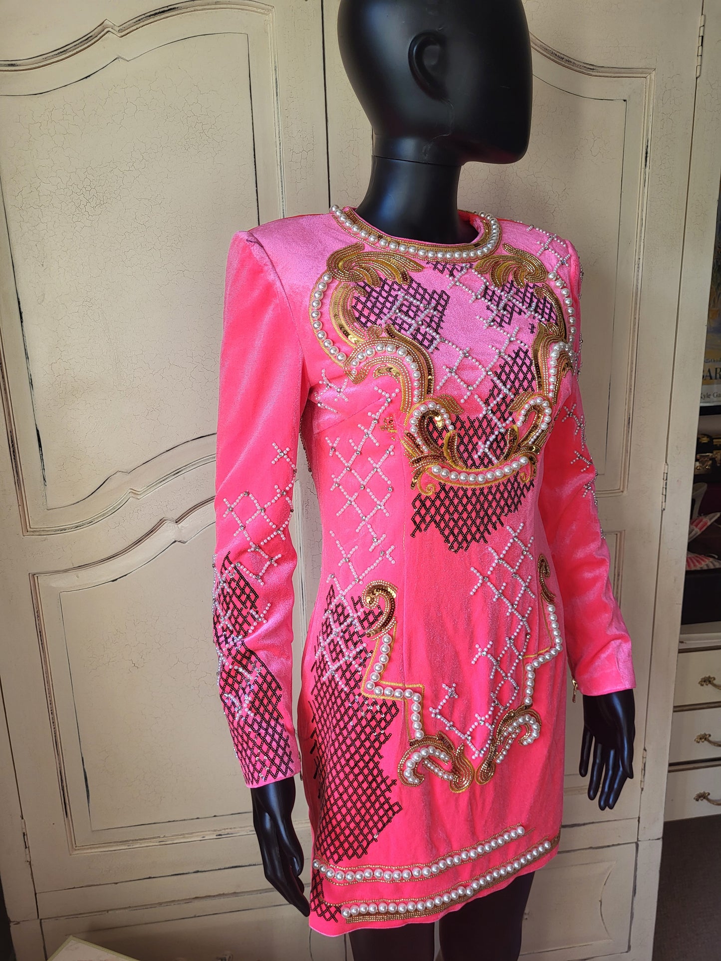 Velour Neon Pink Embellished Shift Dress