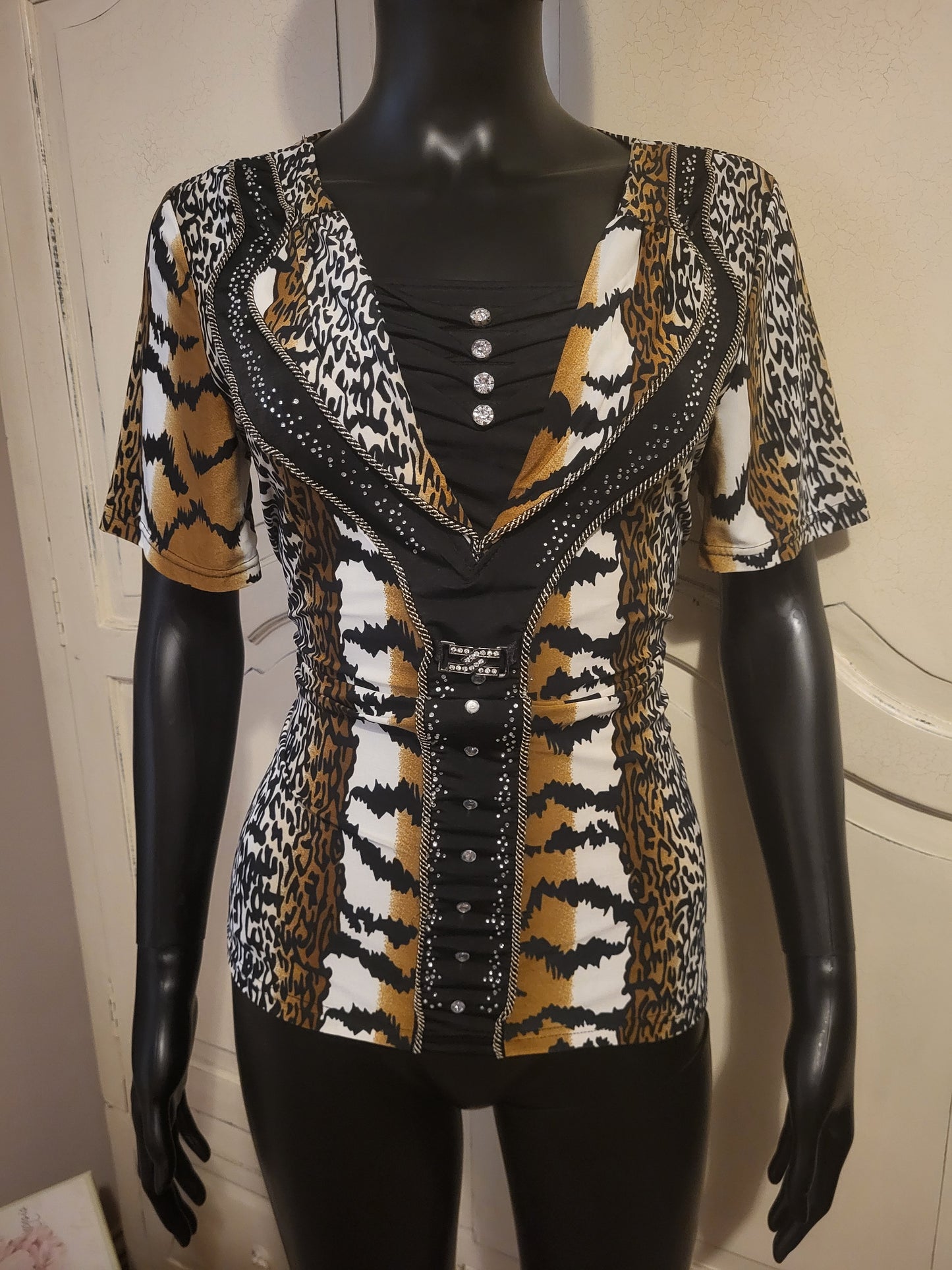 Aleny Animal Print & Stud Detail Stretch Top