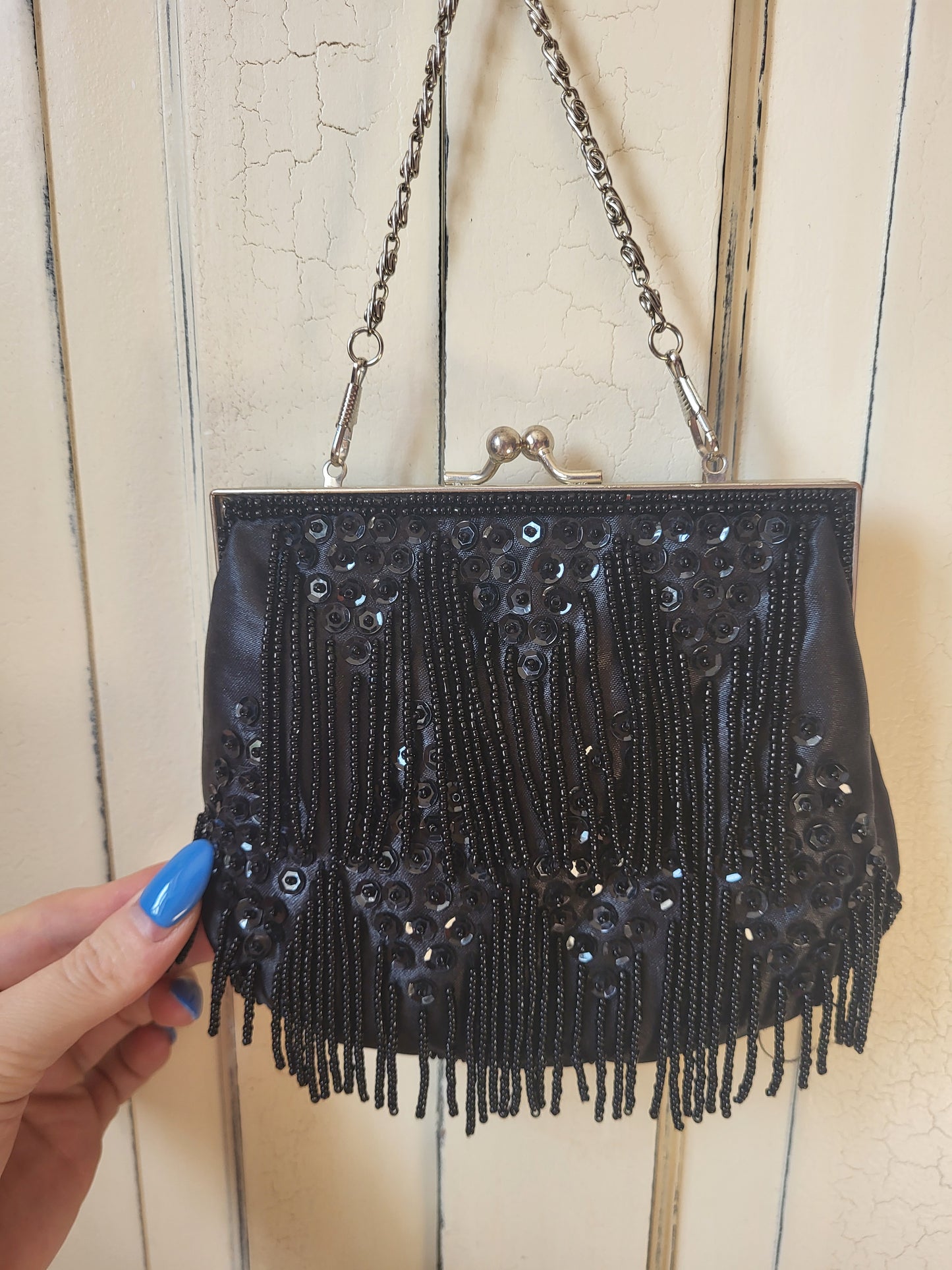 Black Beaded & Sequin Evening Bag - Chain Strap