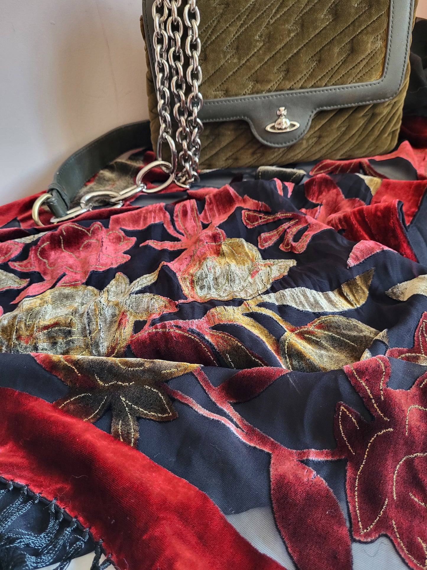 Devoré Silk Velvet Shawl with Tassells