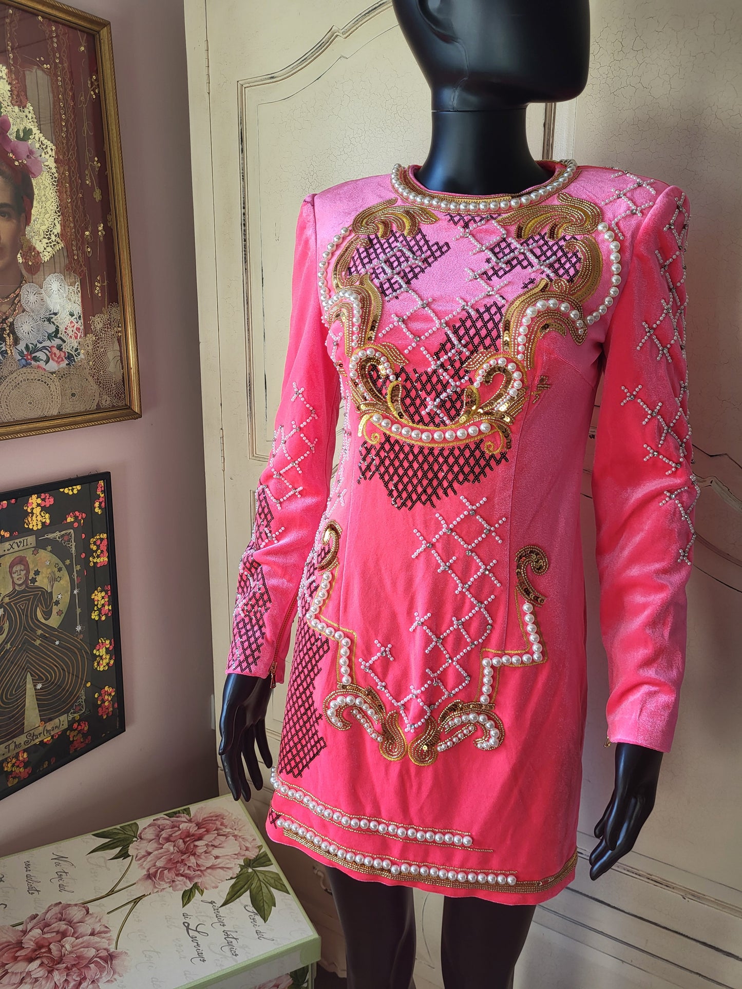 Velour Neon Pink Embellished Shift Dress