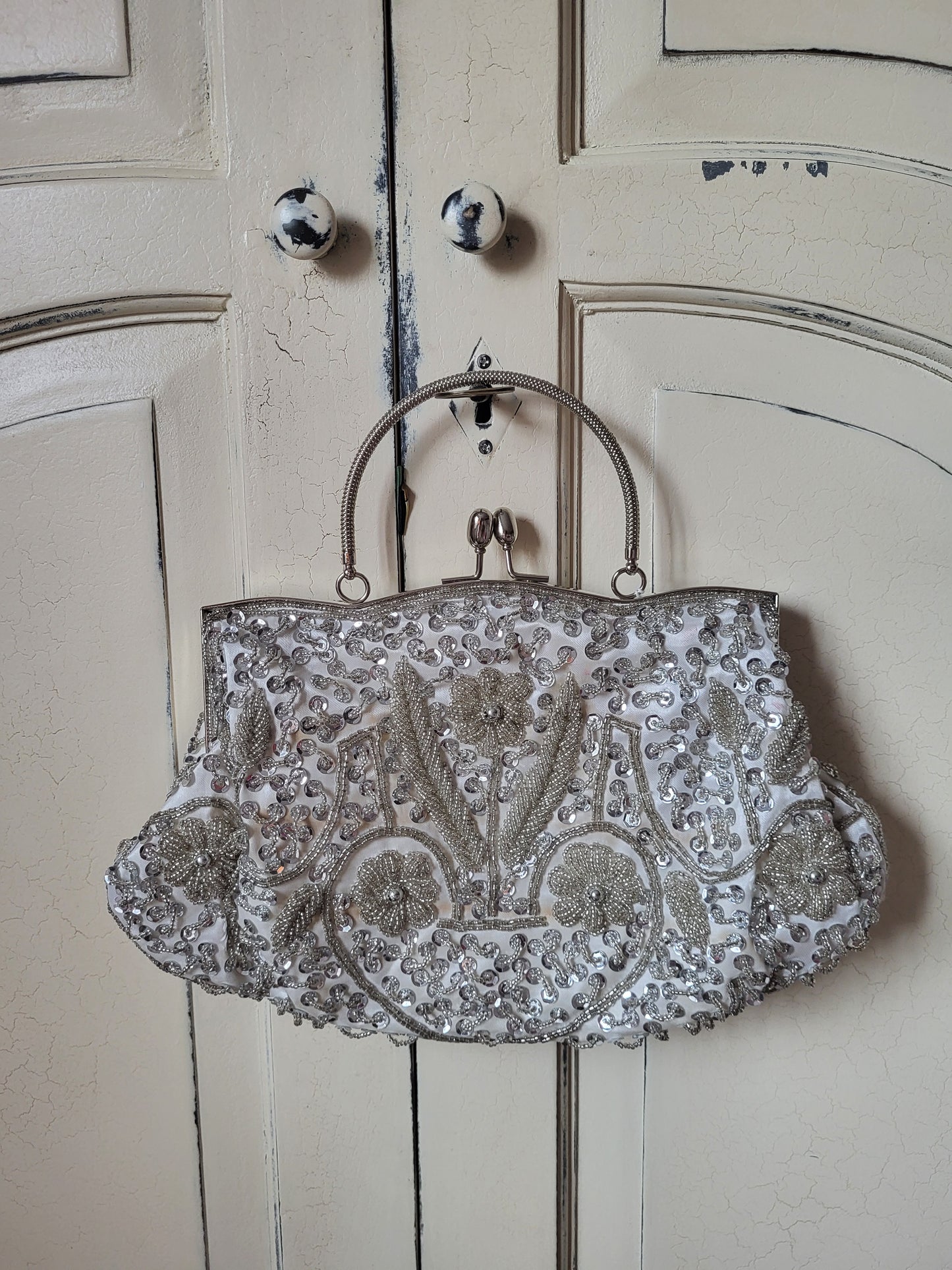 Vintage Hand Beaded Silver Evening Bag