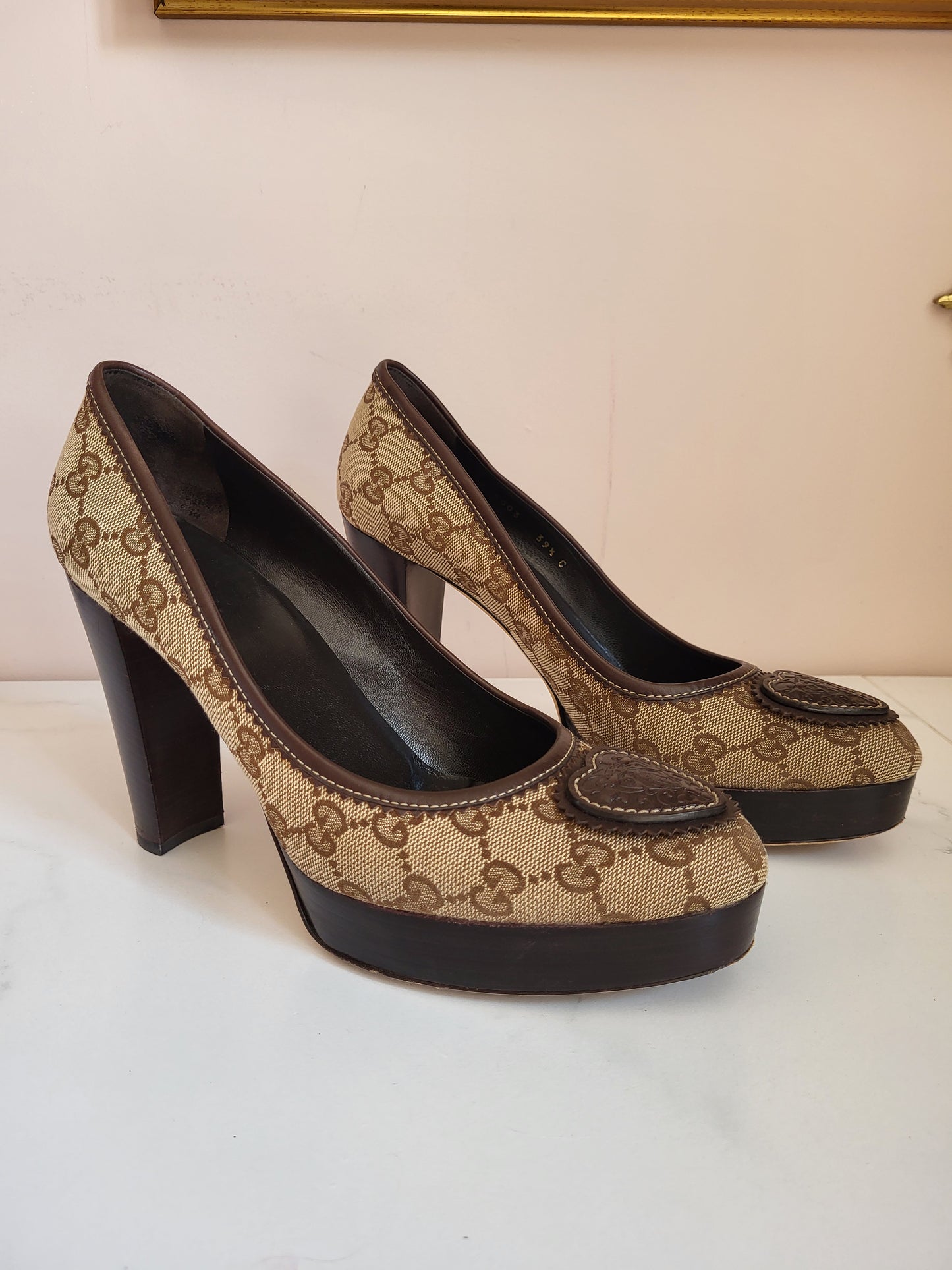 Gucci Leather Lined Classic Print Platform Heels