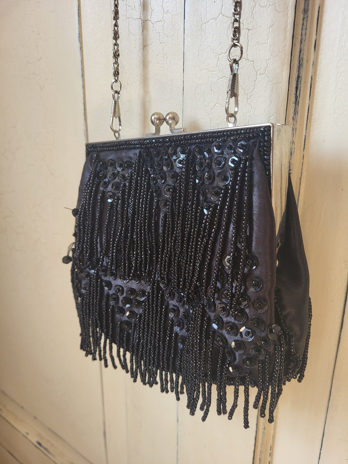 Black Beaded & Sequin Evening Bag - Chain Strap