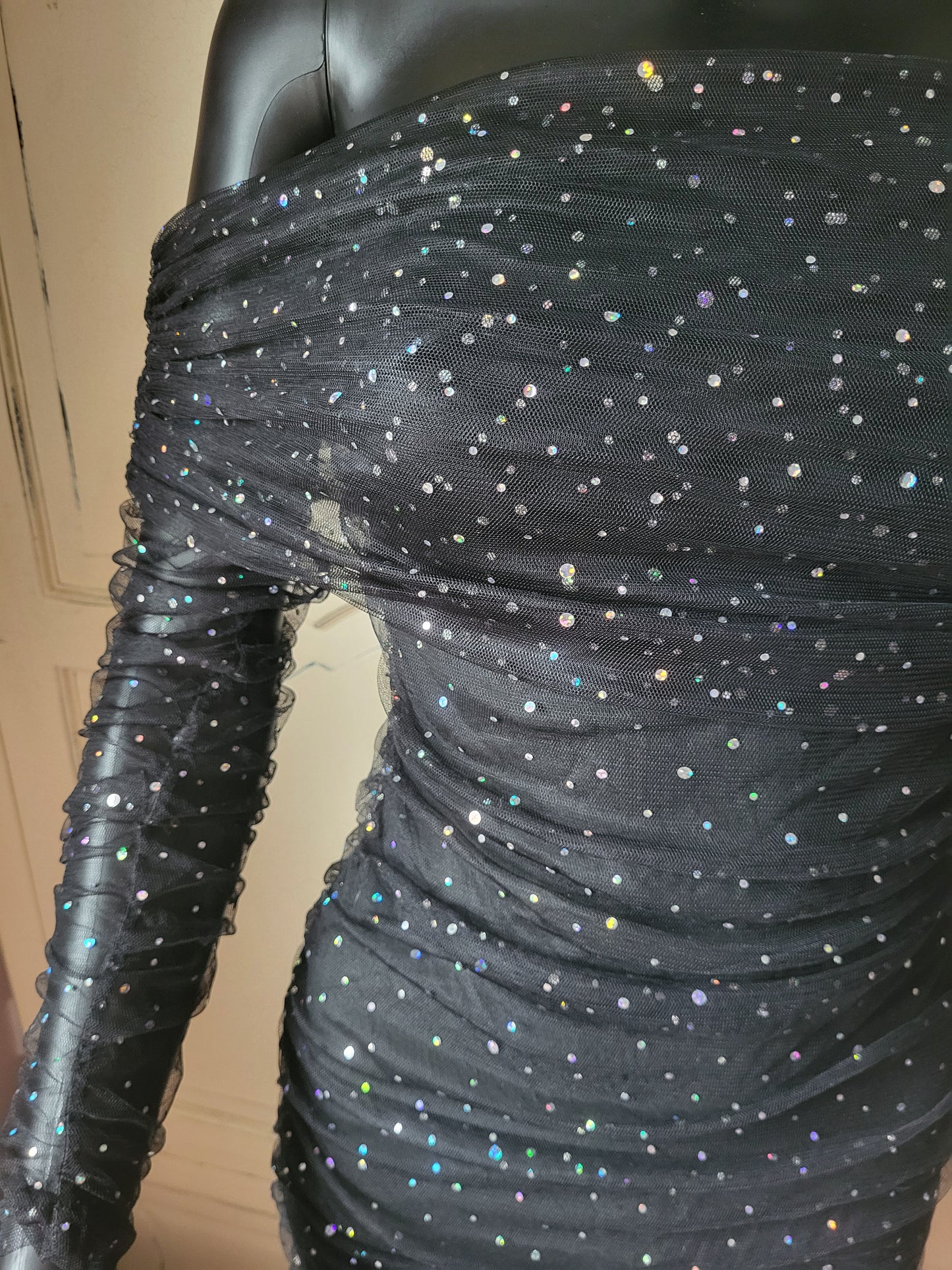 Sheer Off the Shoulder Diamante Black Mini Dress