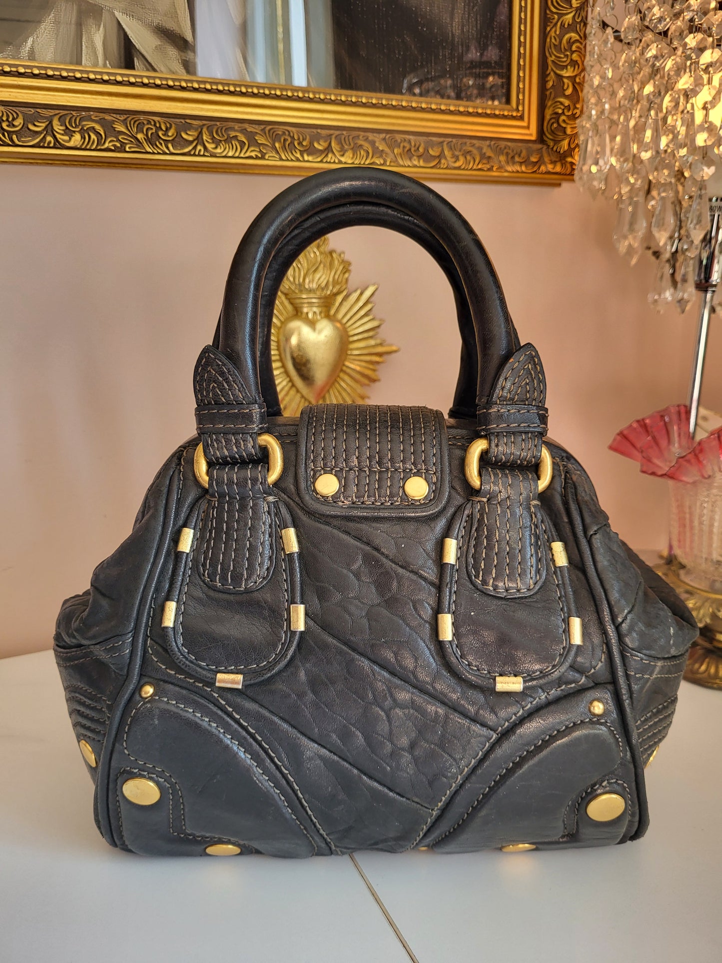 Vintage Juicy Couture Black Leather Satchel with Brass Hardware
