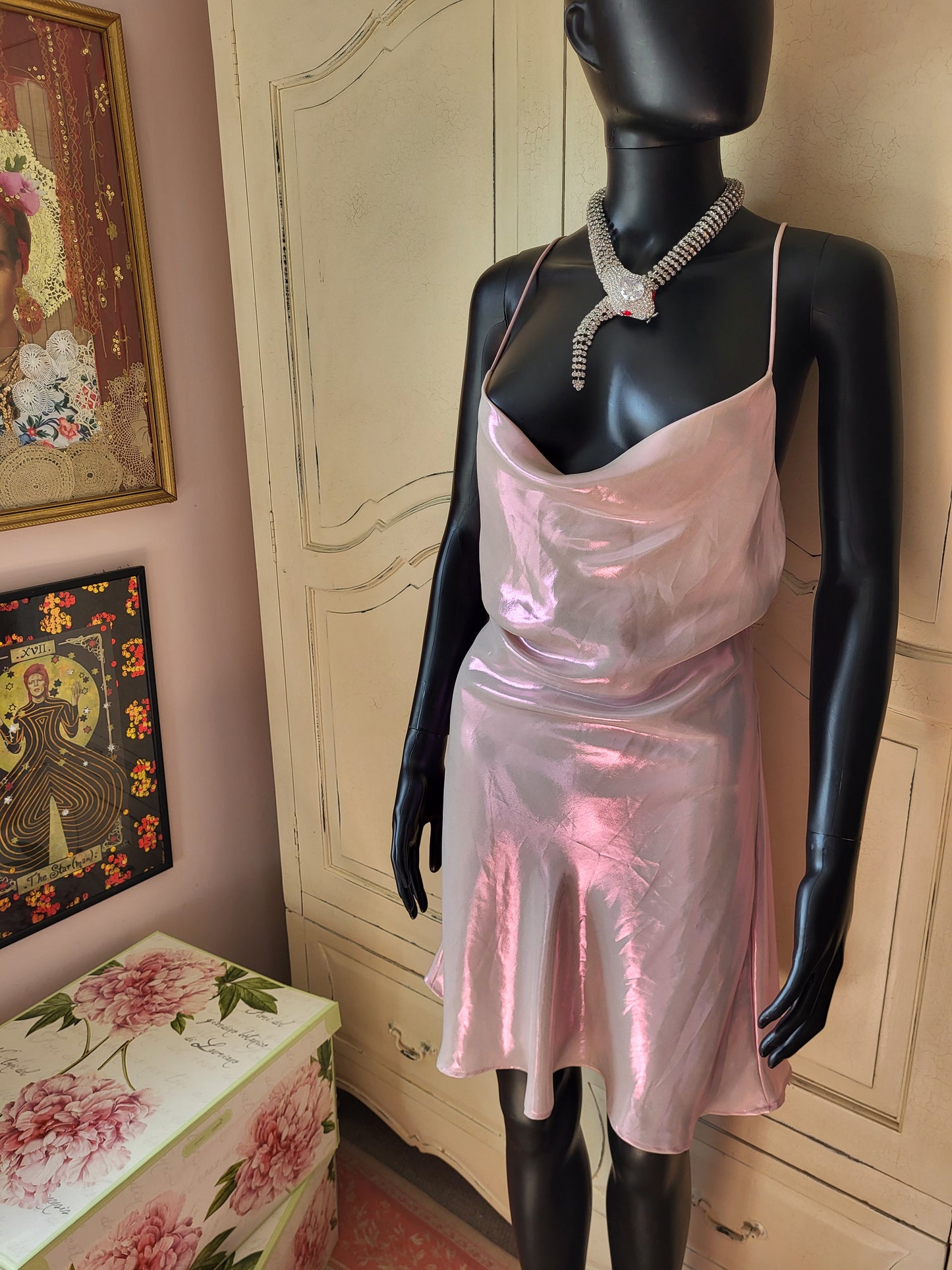 Zara Slinky Cowl Neck Irrediscent Pink Mini Dress