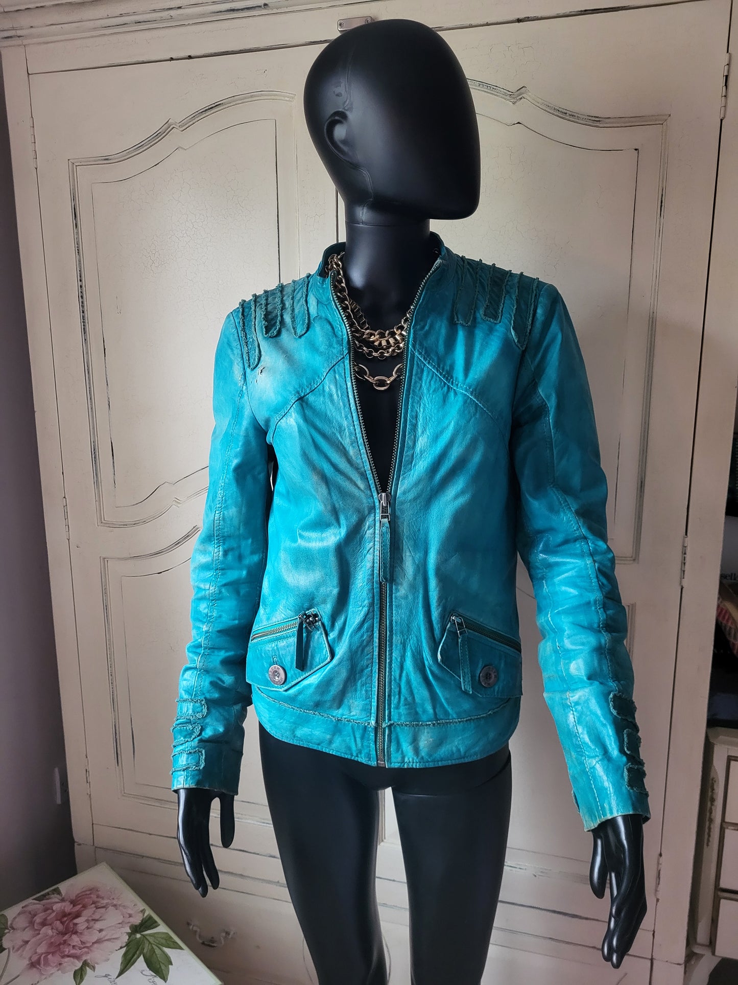 Vintage Maje Turquoise Distressed Leather Jacket