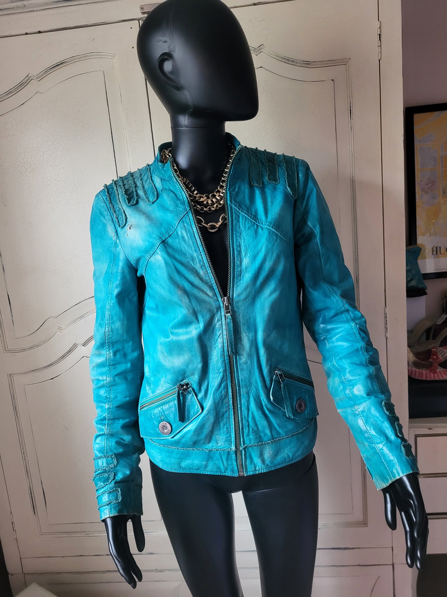 Vintage Maje Turquoise Distressed Leather Jacket