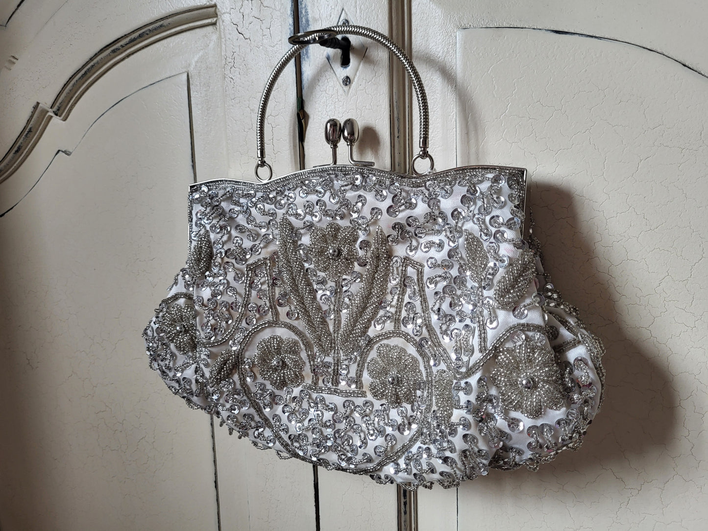 Vintage Hand Beaded Silver Evening Bag