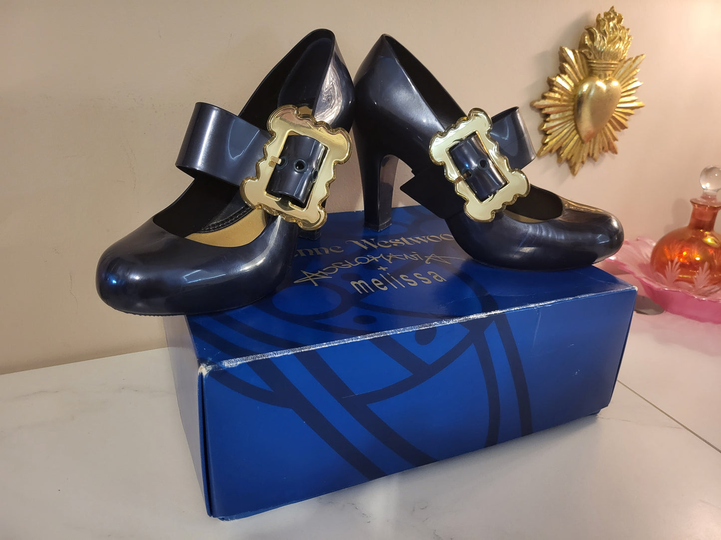 Vivienne Westwood x Melissa Navy Blue & Gold Buckle Heels