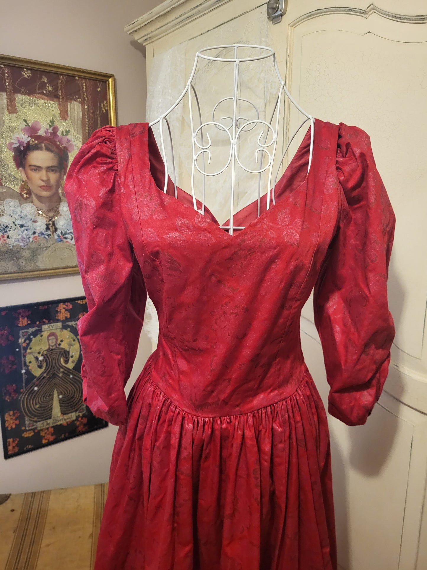 Rare 1980s Vintage Laura Ashley Scarlet Jacquard Cotton Gown