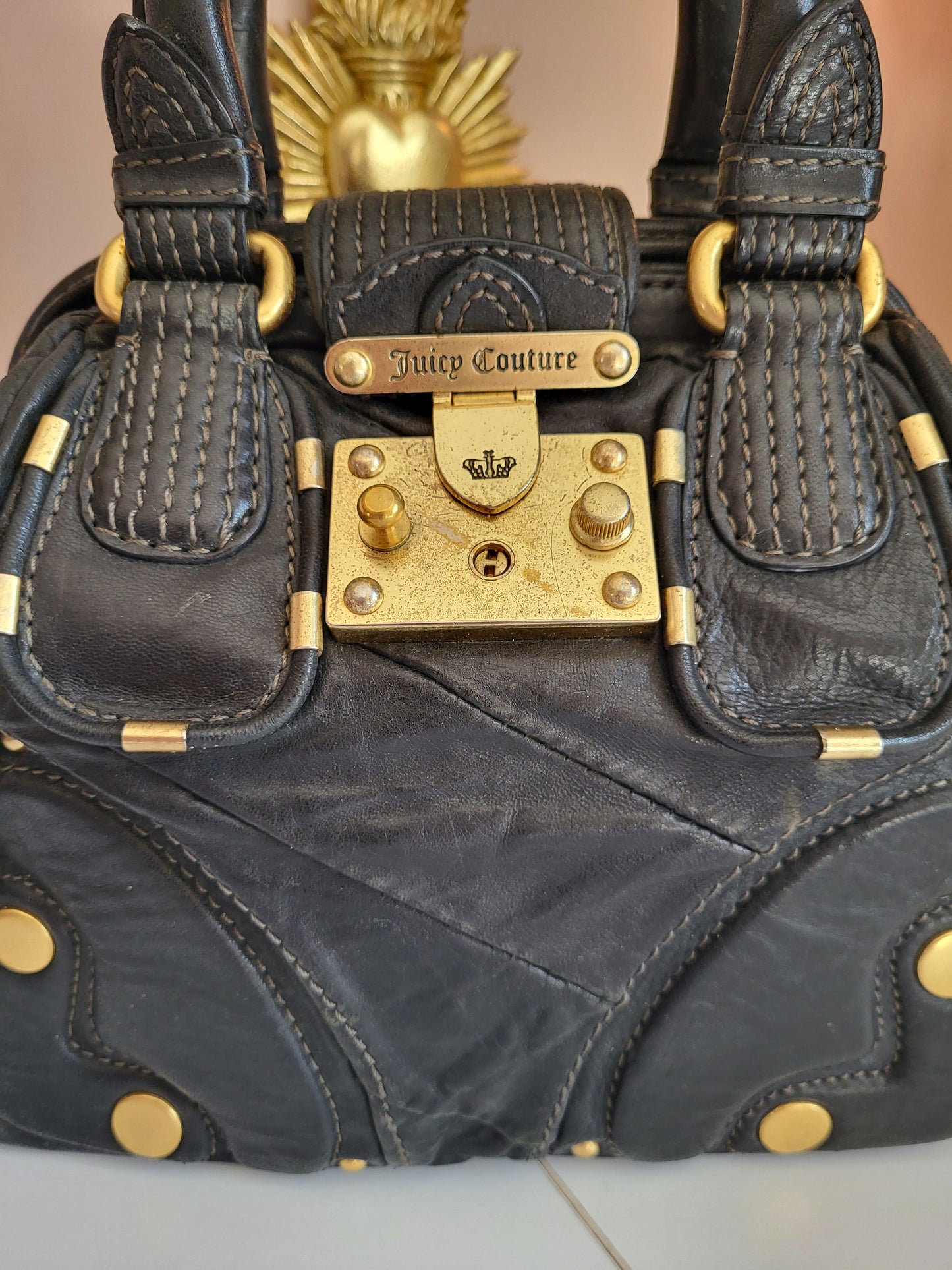 Vintage Juicy Couture Black Leather Satchel with Brass Hardware