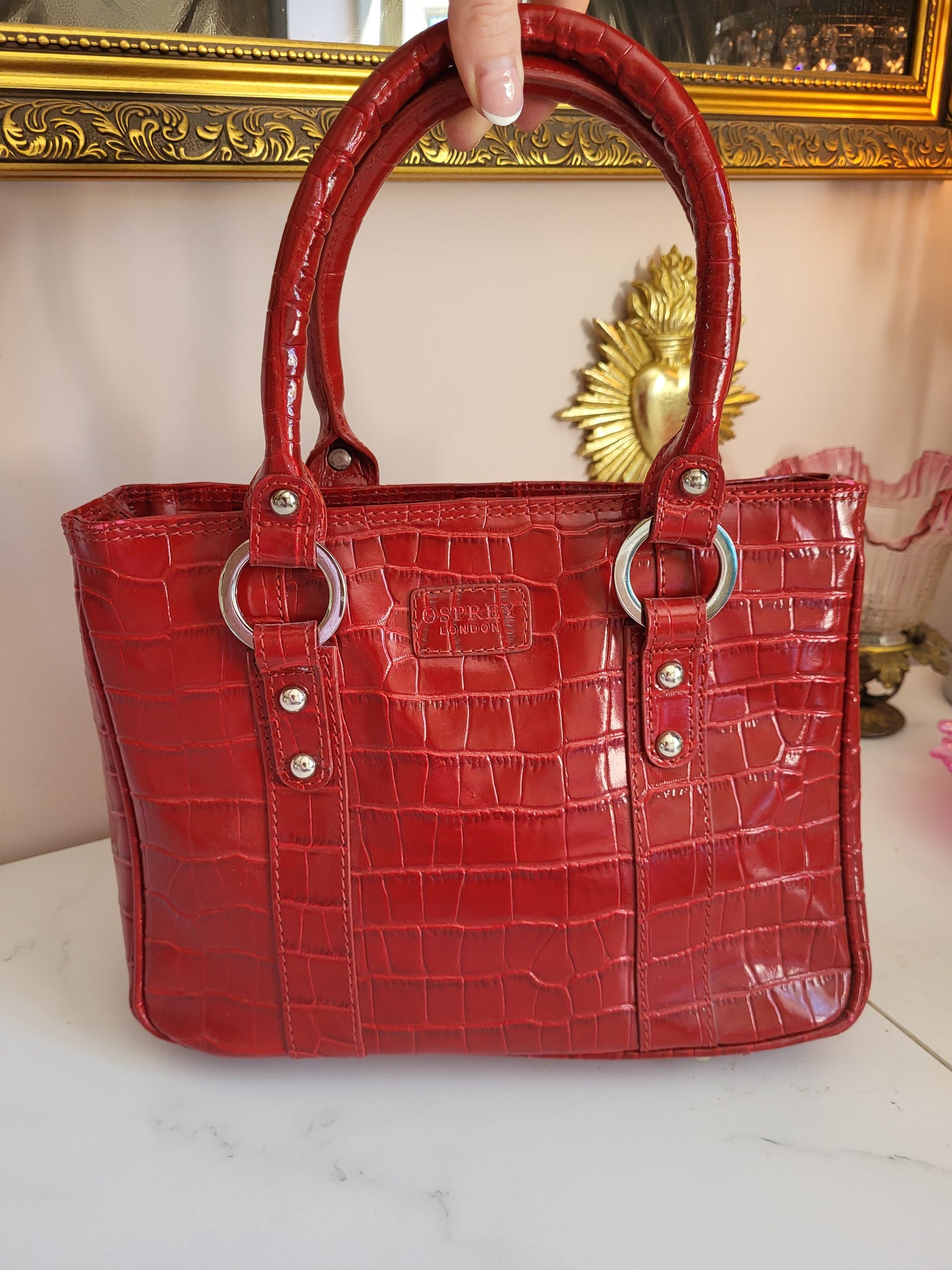 Red Patent Croc Osprey Tote Handbag
