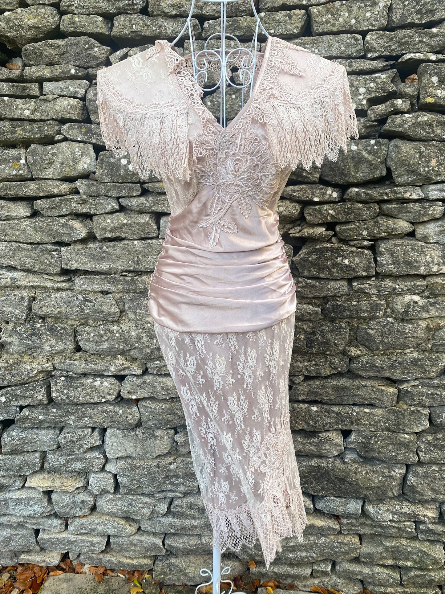Rare Vintage 1980s Blush Lace Evening Dress