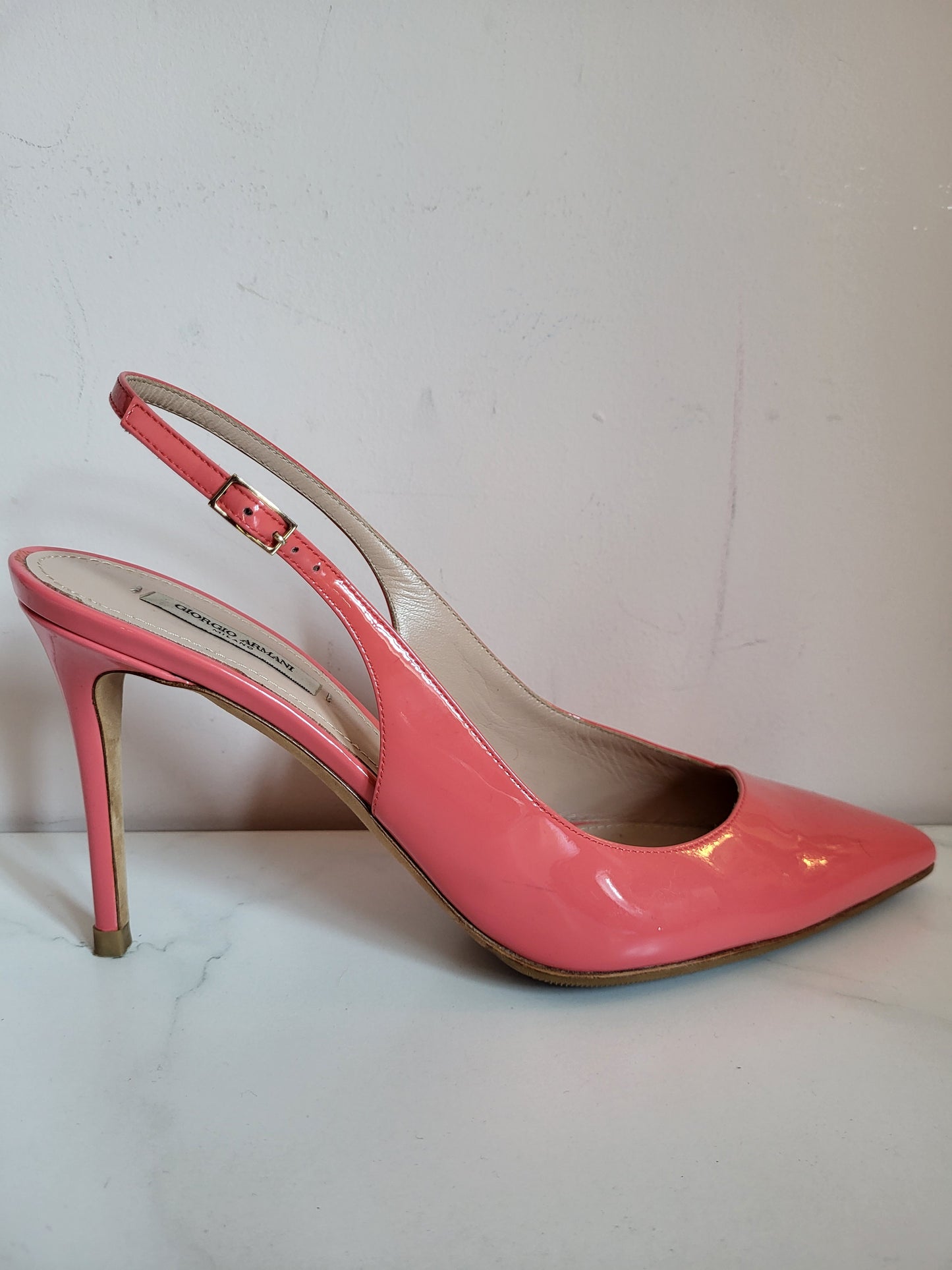 Giorgio Armani Patent Coral Slingback Heels