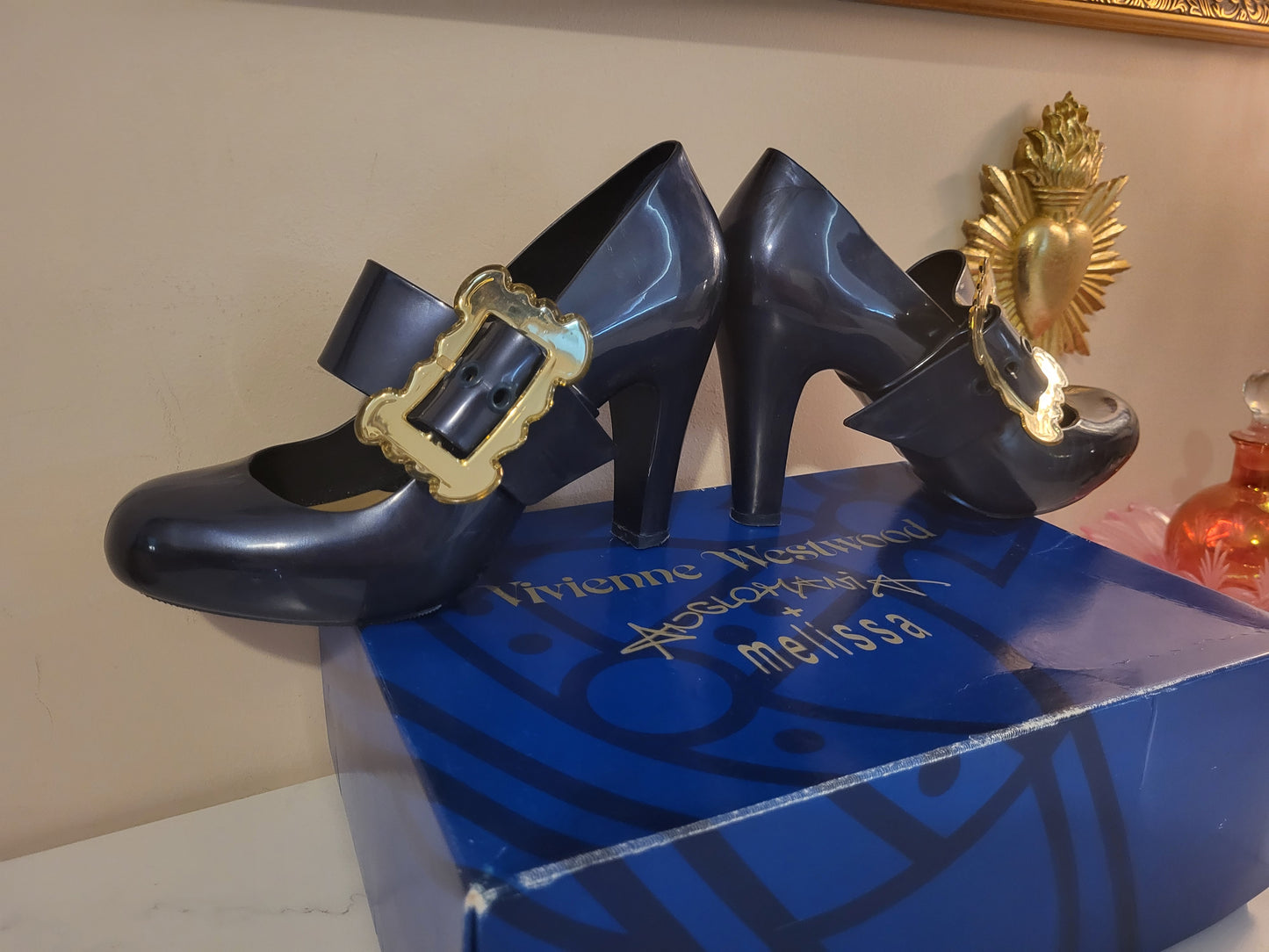 Vivienne Westwood x Melissa Navy Blue & Gold Buckle Heels