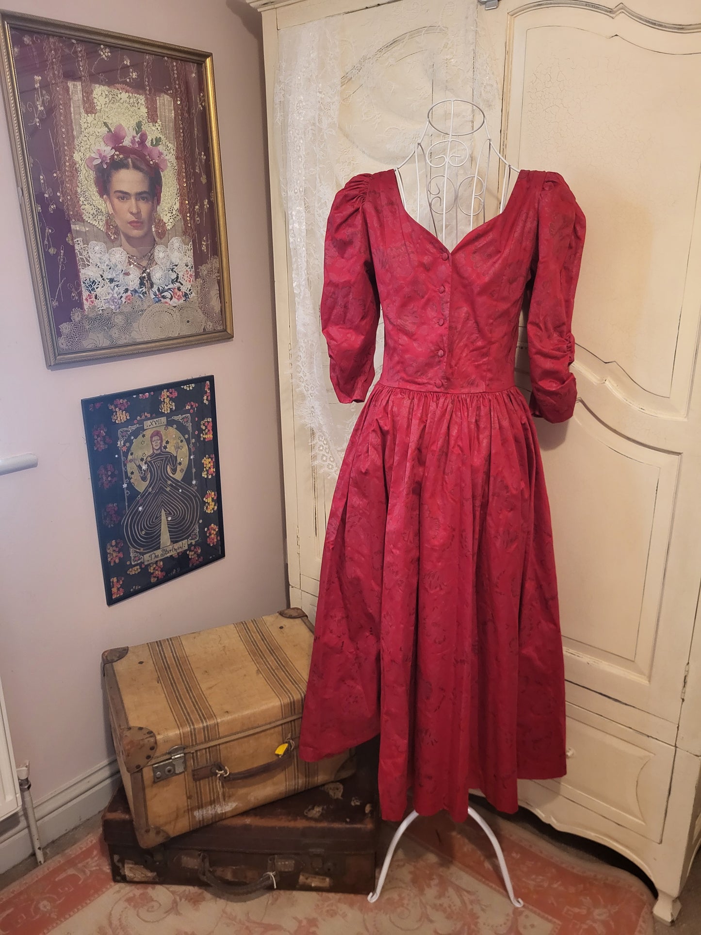 Rare 1980s Vintage Laura Ashley Scarlet Jacquard Cotton Gown