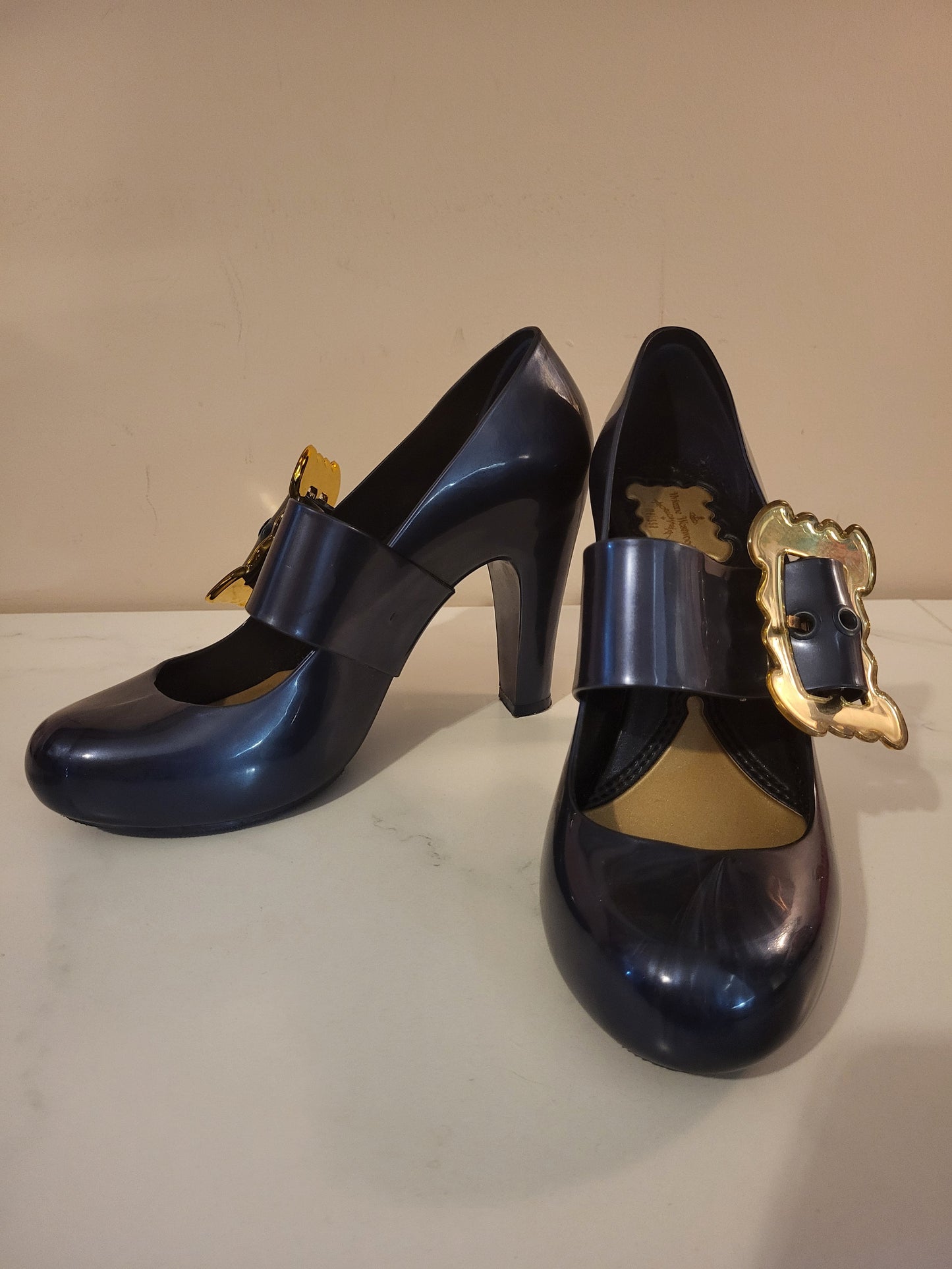 Vivienne Westwood x Melissa Navy Blue & Gold Buckle Heels