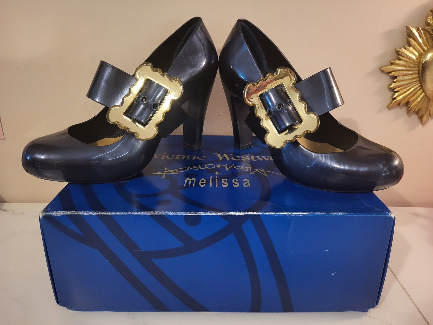Vivienne Westwood x Melissa Navy Blue & Gold Buckle Heels