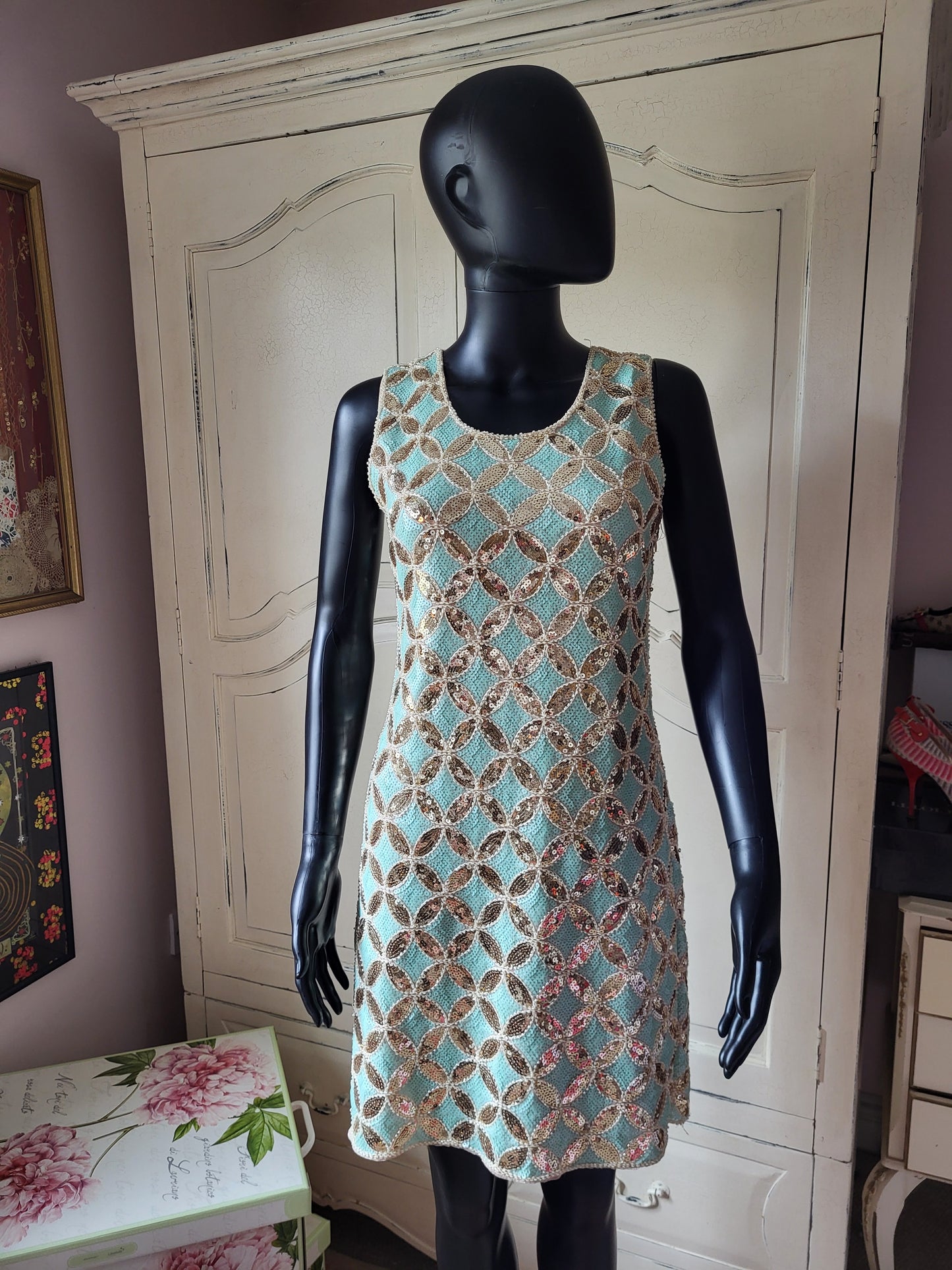 Vintage Turquoise Sequin Shift Dress