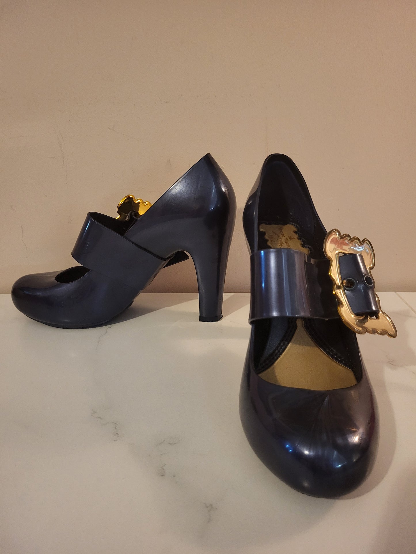 Vivienne Westwood x Melissa Navy Blue & Gold Buckle Heels