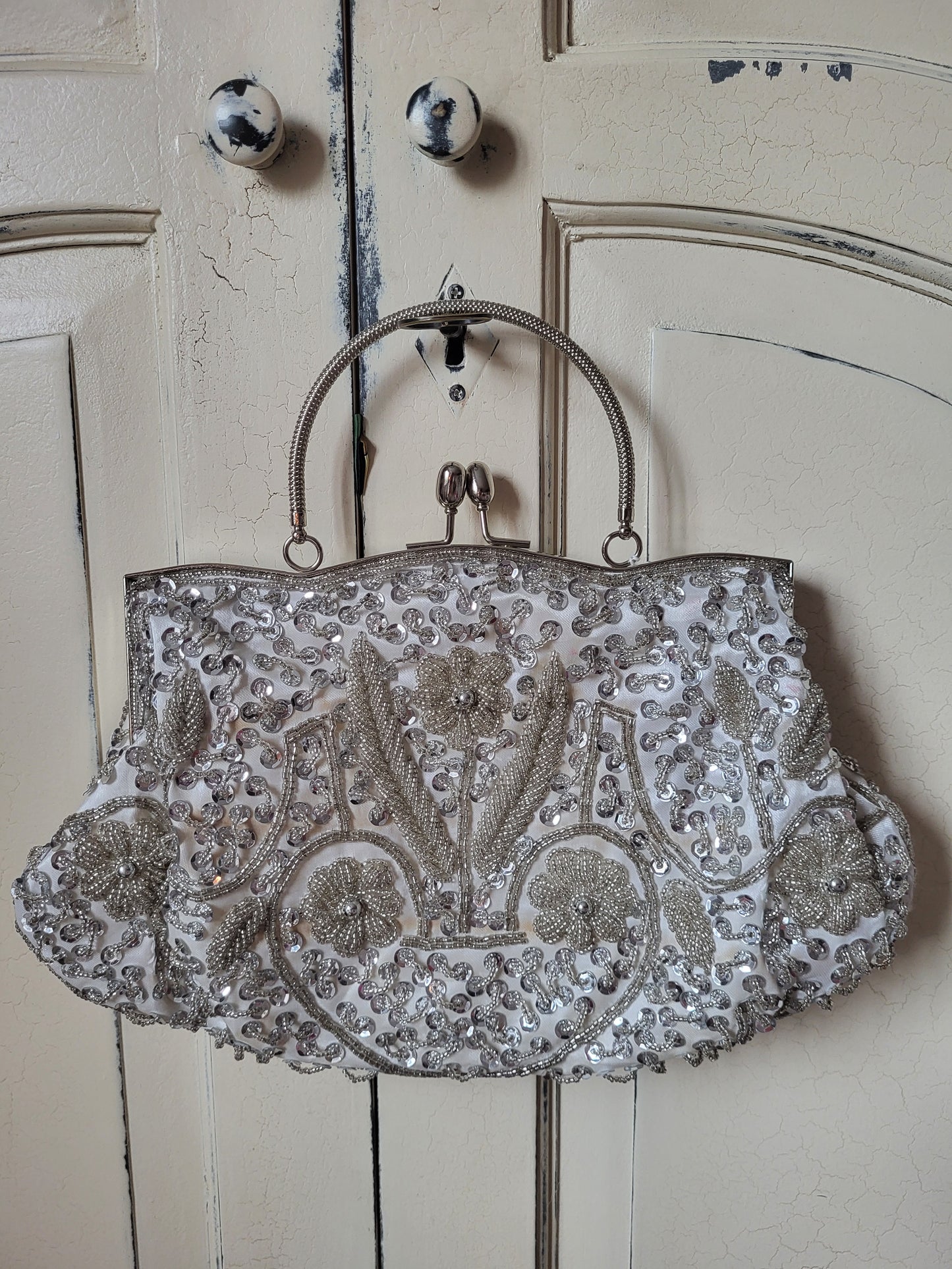 Vintage Hand Beaded Silver Evening Bag