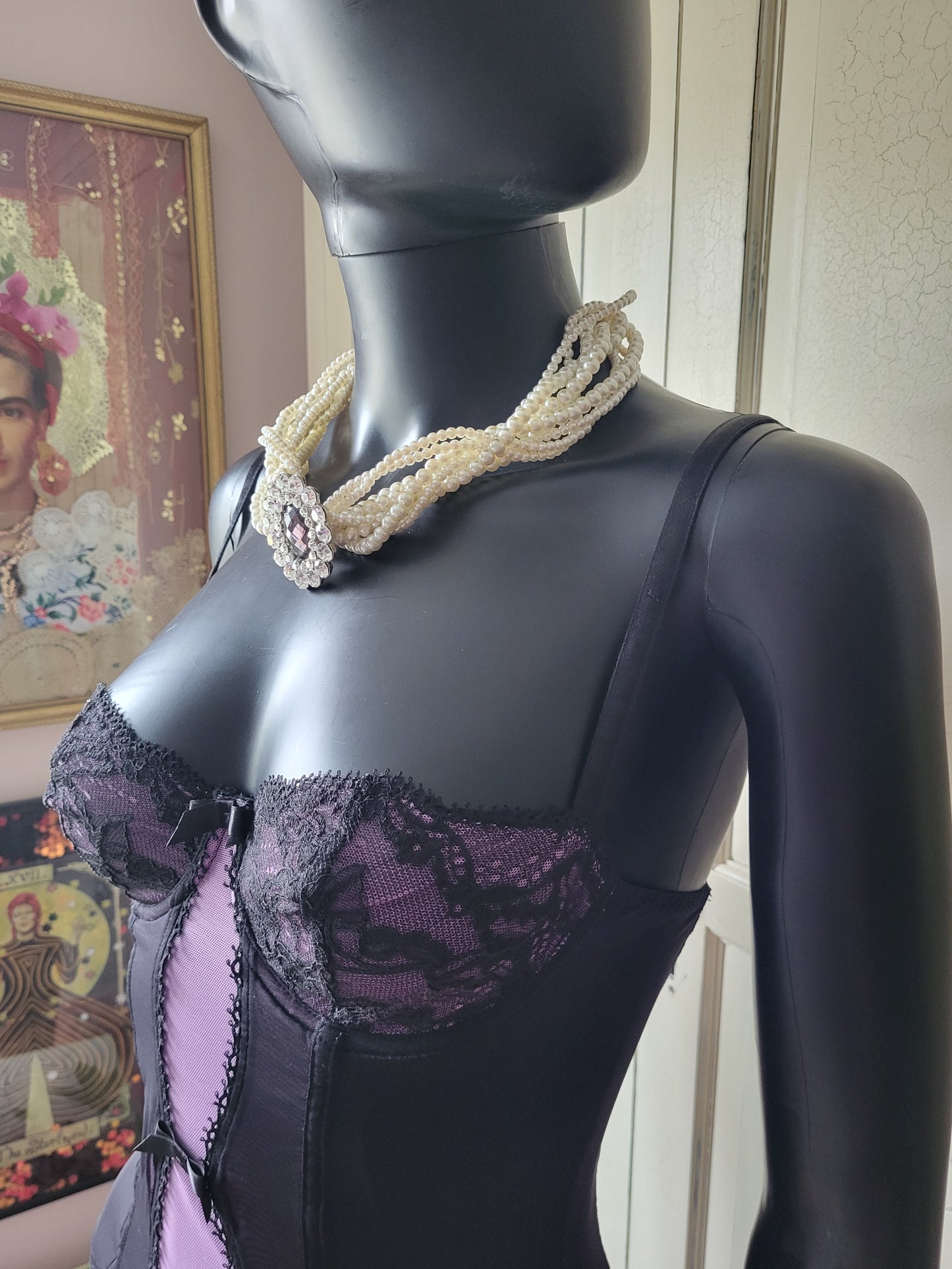 Vintage Aubade Lilac and Black Lace Basque