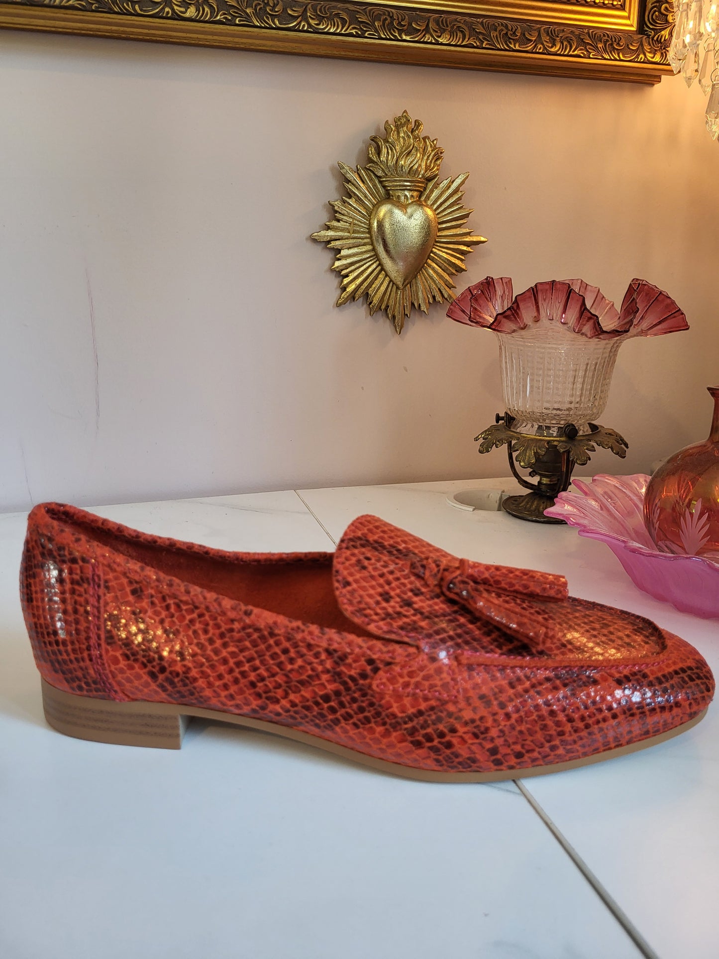 Moda in Pelle Leather Burnt Orange Faux Snakeskin Loafers