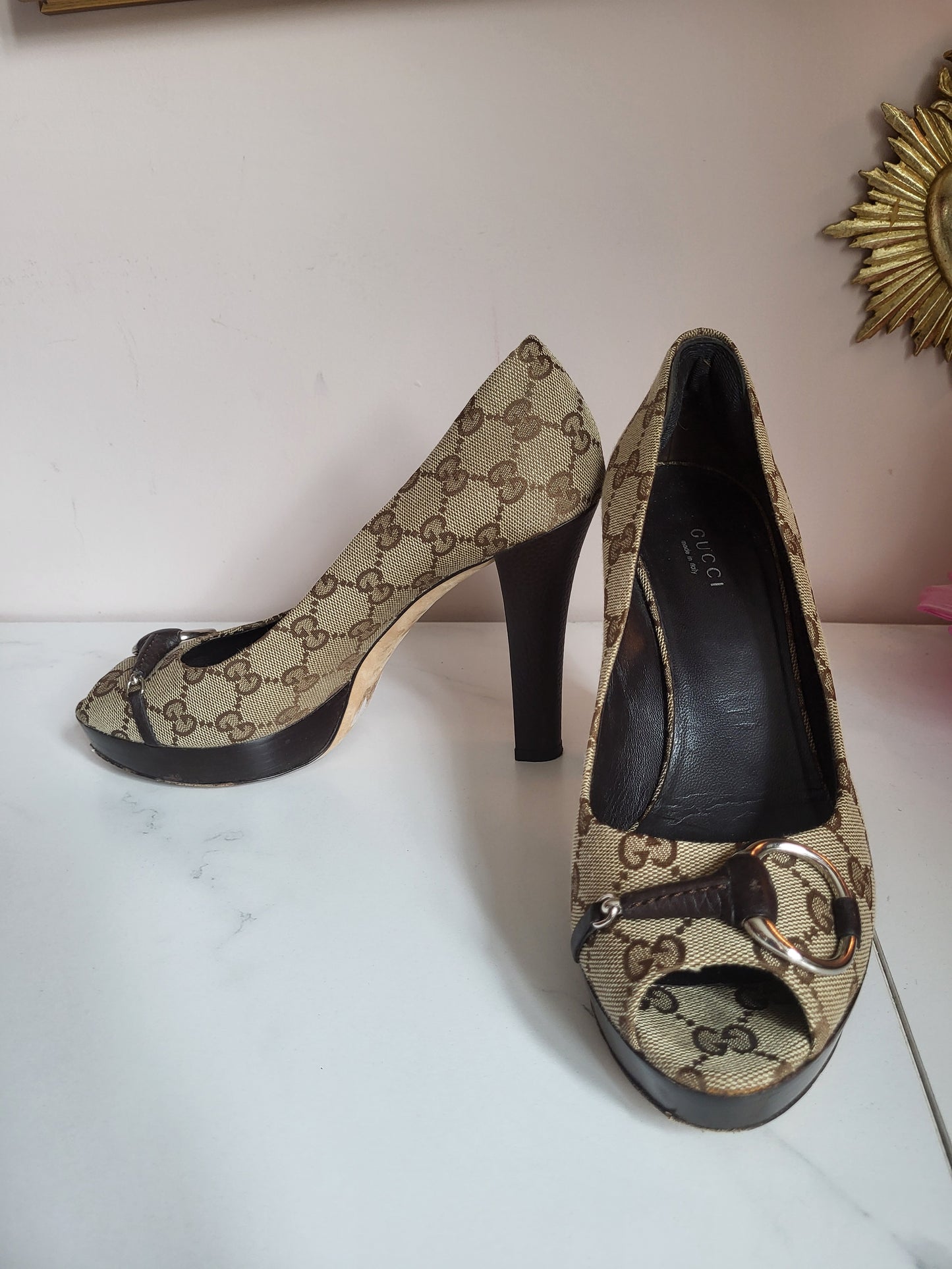 Gucci Platform Peep Toe Canvas Heels