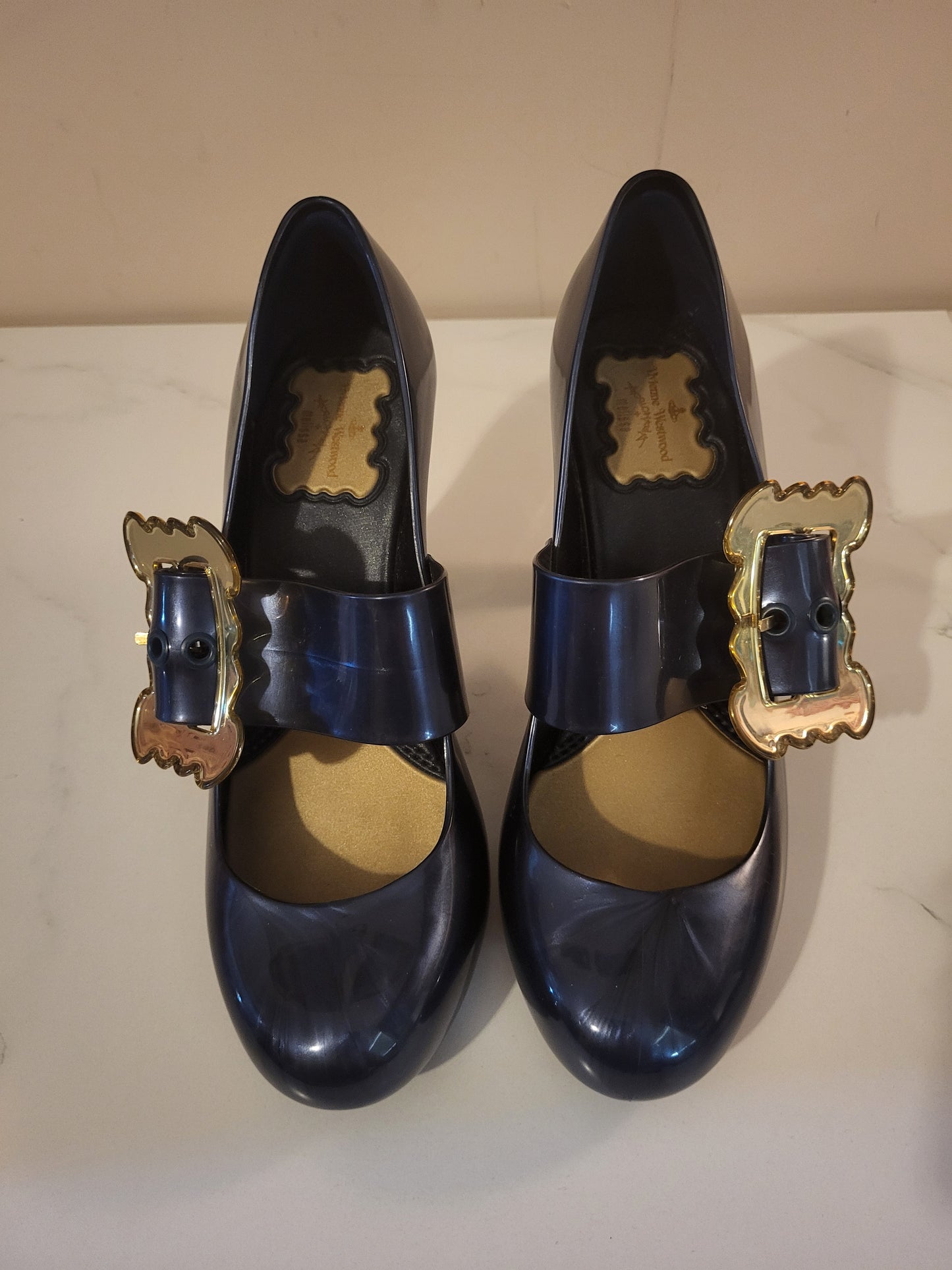 Vivienne Westwood x Melissa Navy Blue & Gold Buckle Heels