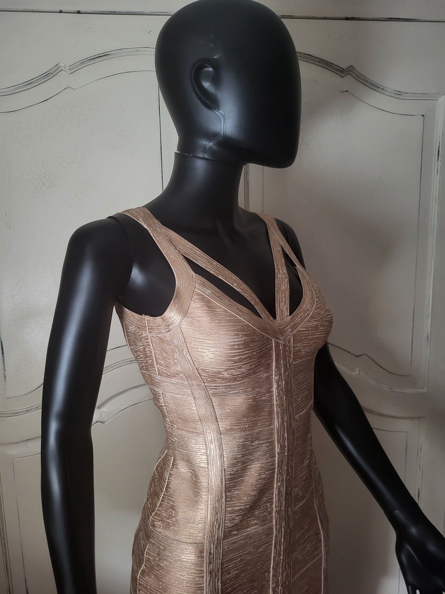 Molten Gold Bodycon Bandage Dress in the style of Hervé Léger