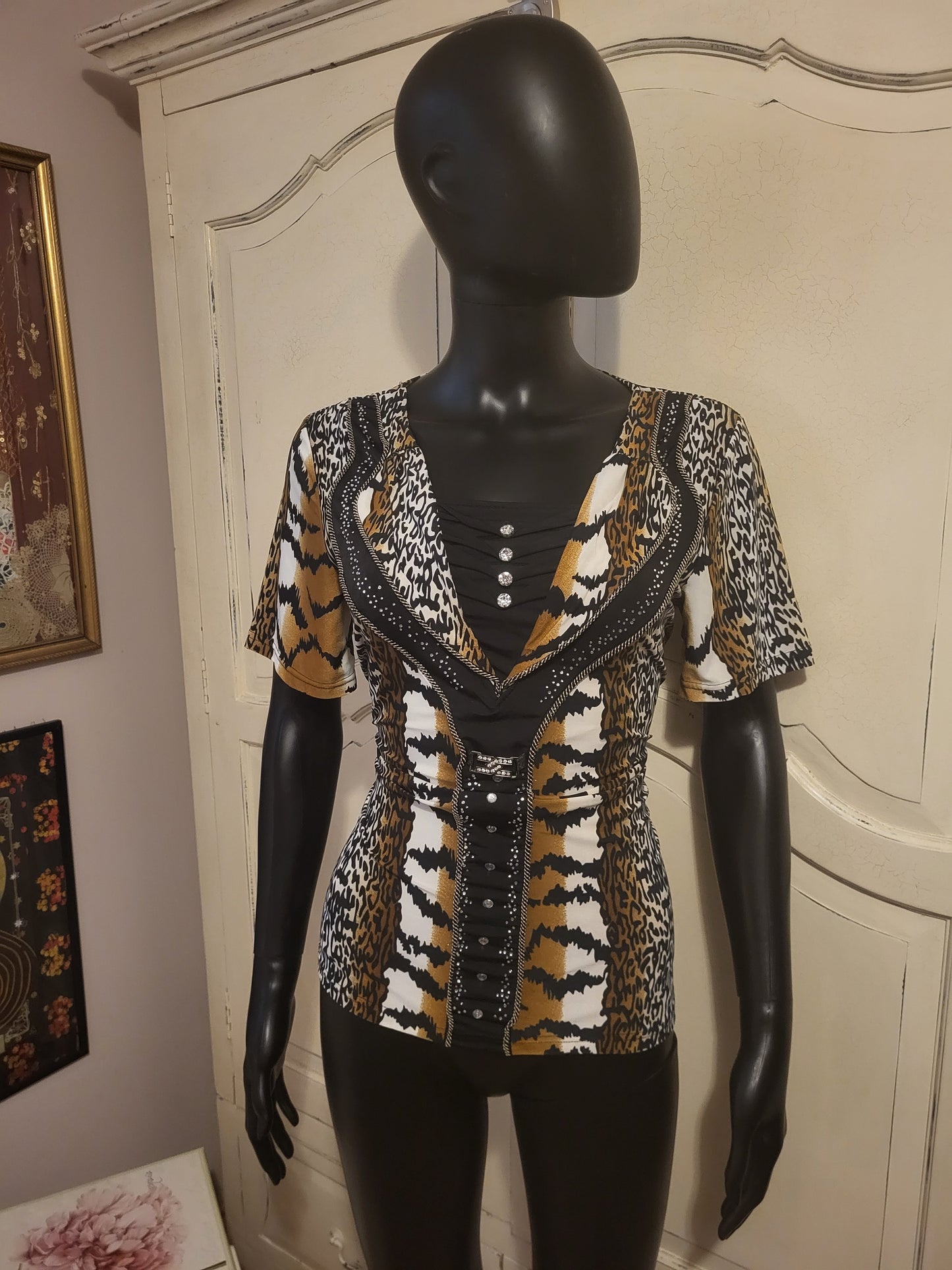 Aleny Animal Print & Stud Detail Stretch Top
