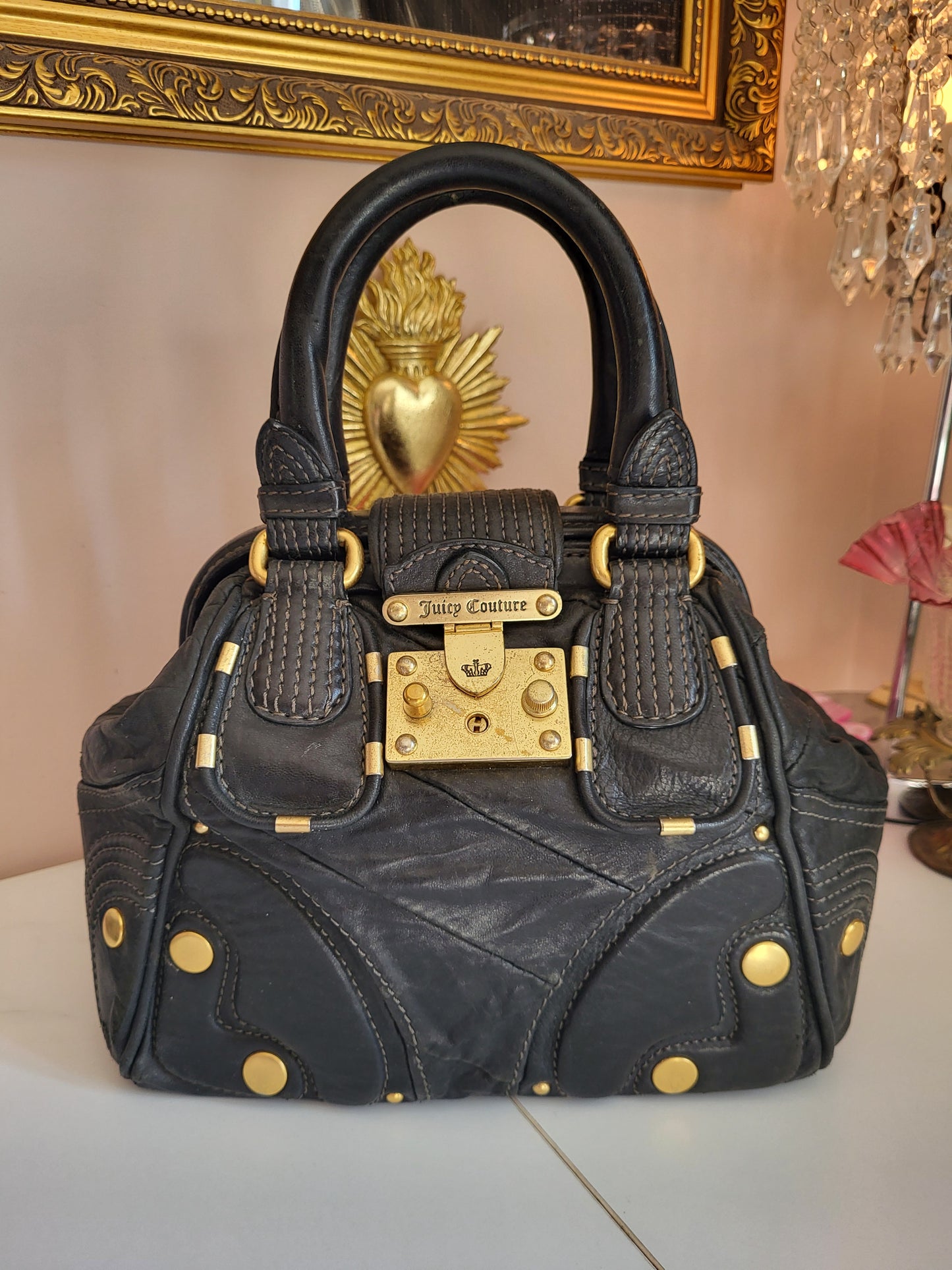 Vintage Juicy Couture Black Leather Satchel with Brass Hardware