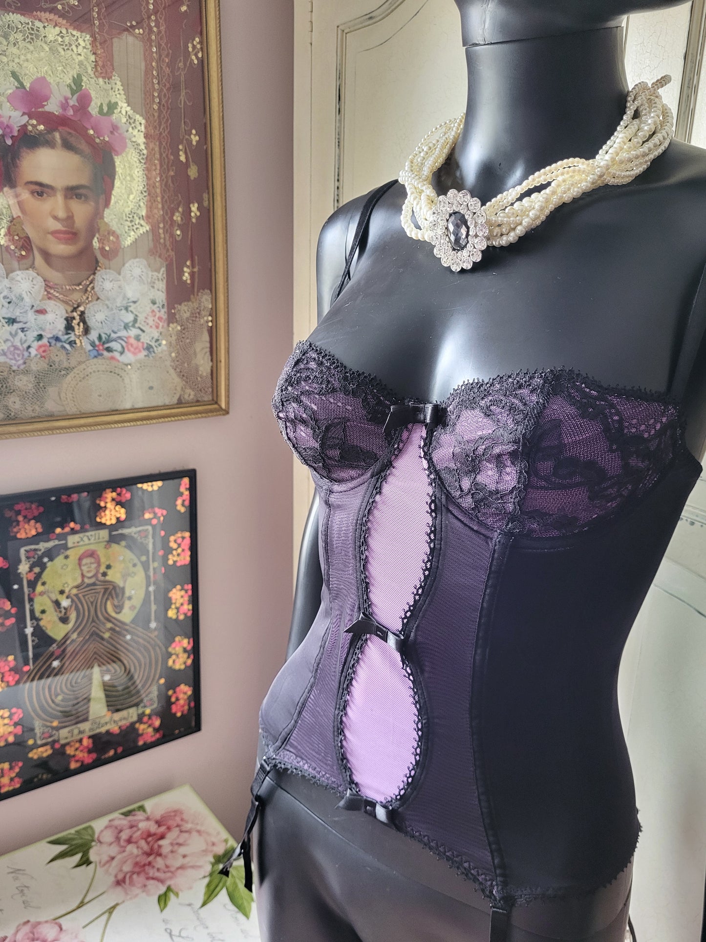 Vintage Aubade Lilac and Black Lace Basque