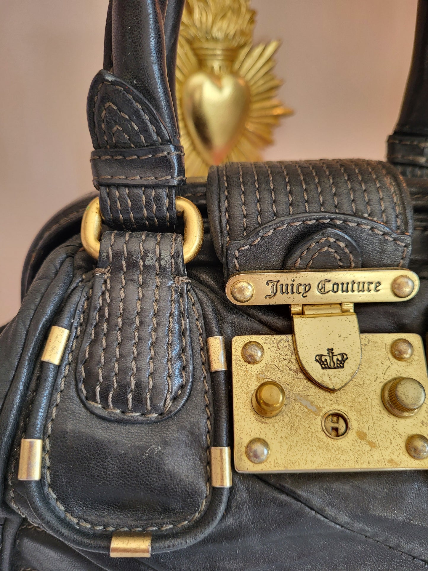 Vintage Juicy Couture Black Leather Satchel with Brass Hardware